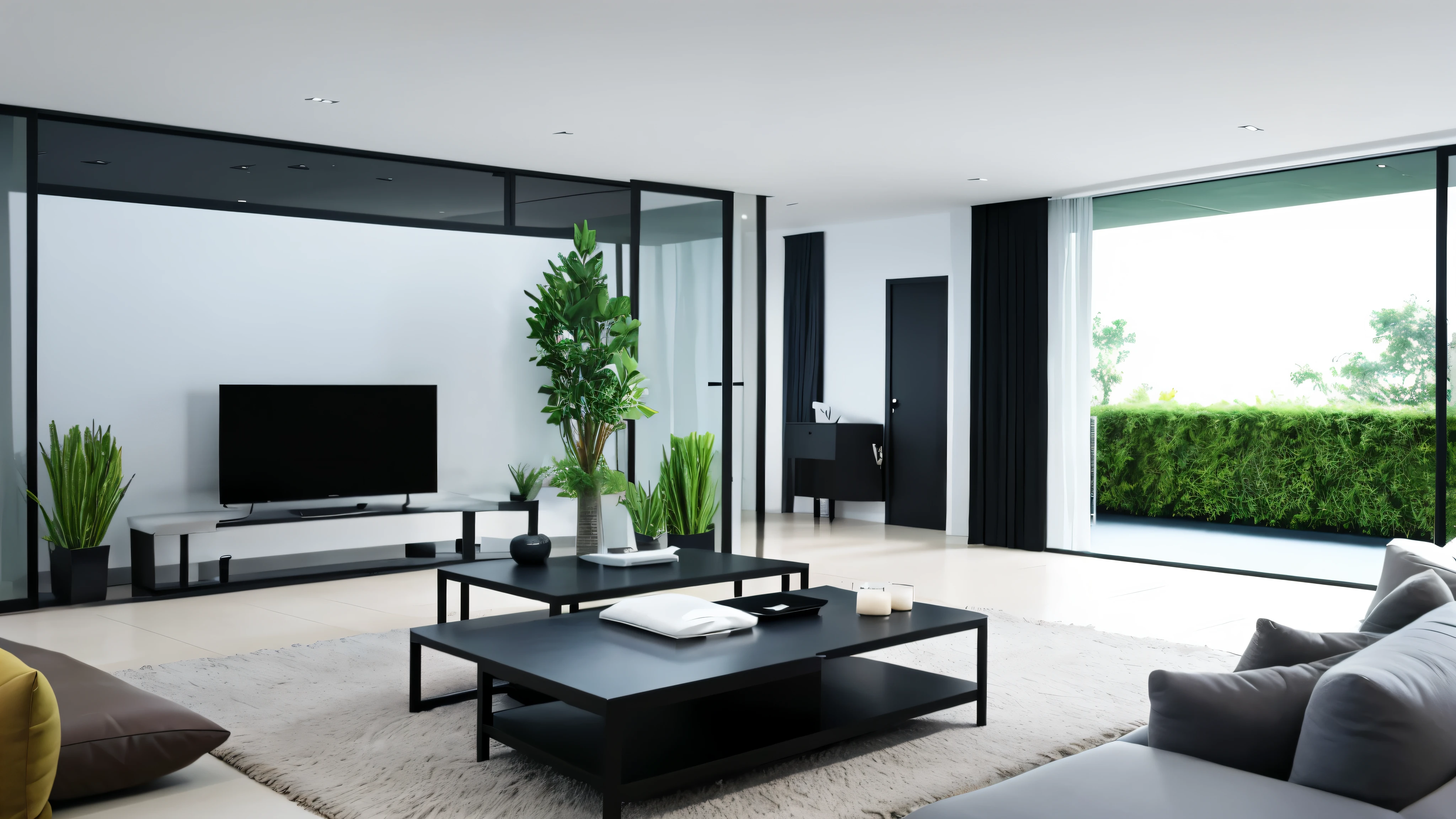 You are a famous interior designer、You have been asked to create a 3D image of a modern large room. Create a harmonious environment with modern and minimalist furniture. Including garden interior.
