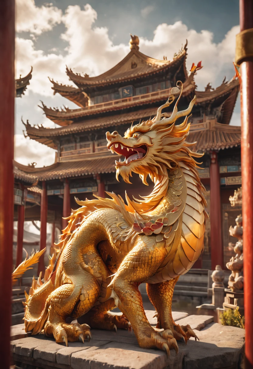 A red Chinese dragon, shuttling through the clouds, with a background of ancient Chinese buildings,  color scheme, 3D, CG style--ar 16:9