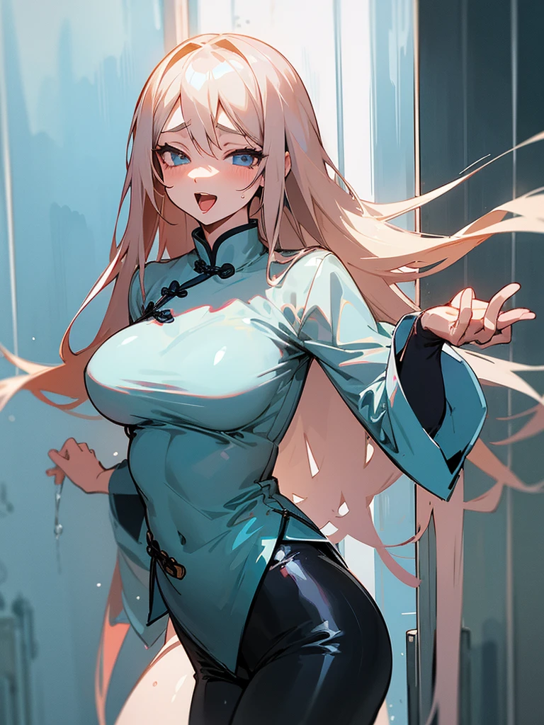 character girl 1,Precise illustrations,High quality,perfect body,odd eye,big breasts,big breasts,thin waist,ecstatic expression,long hair,wet clothes,valley,string pants,China dress,slit,expression of embarrassment,slouch,thighs,open mouth,tongue out,shower