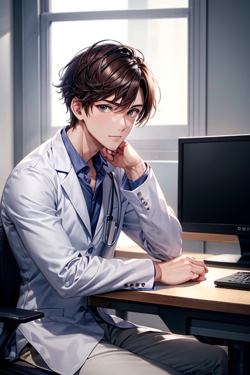 Examination room、foreign、PC jobs、sitting at desk、During the consultation、a handsome guy、doctor、with short brown hair,white clothes、Navy shirt、long sleeve、High resolution、In 8K、sharp focus、zoom、with the best quality