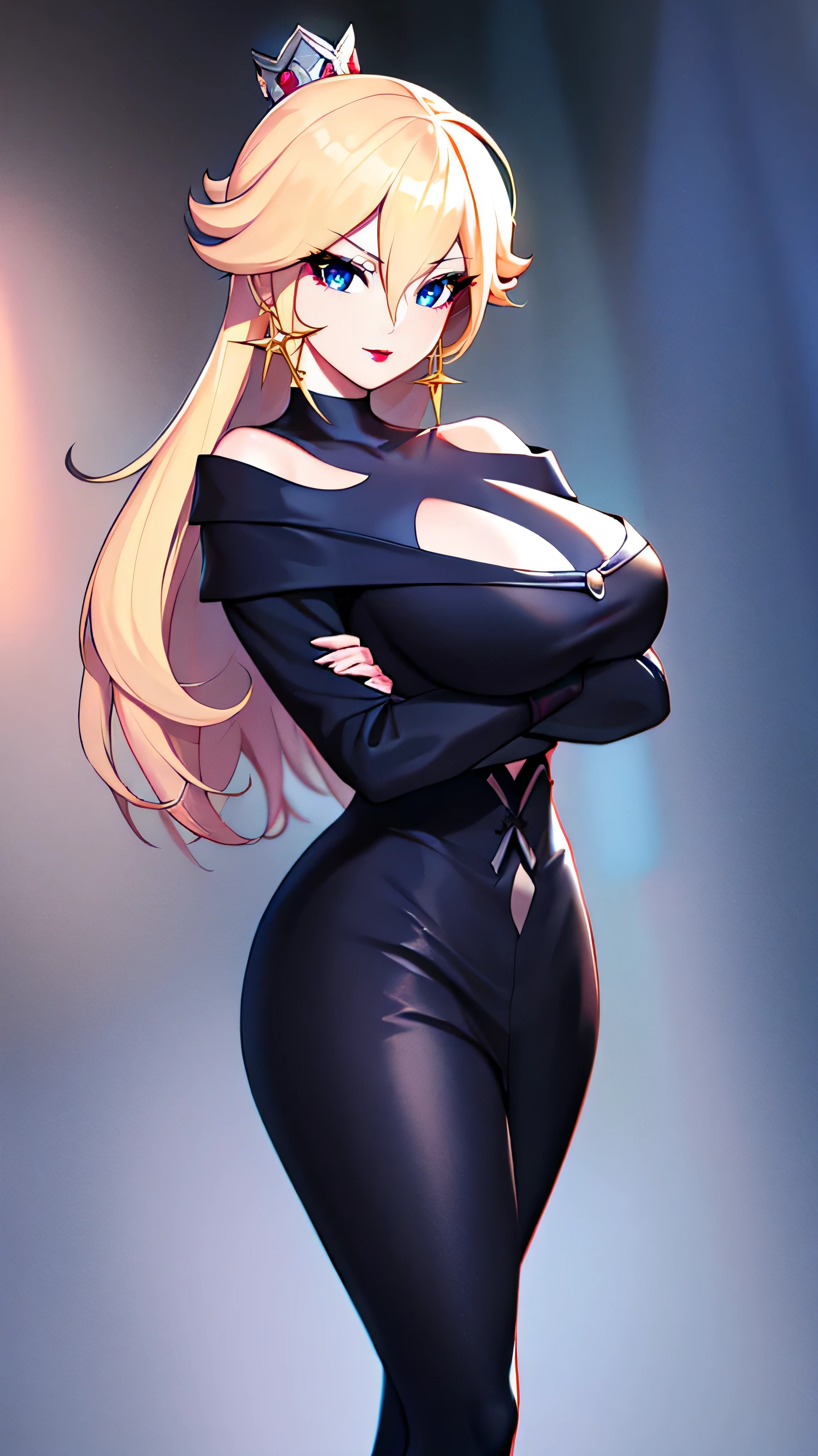 ((high detailed, best quality, 4k, masterpiece, hd:1.3)), BREAK night stars landscape, Rosalina, neon blue eyes, BREAK blue eyes, seductive, attractive, sexy smile, smiling, smooth anime cg art, 34C boobs, long legs, vivid colors, detailed digital art, slim body, perfect skin, blonde hair, long blonde hair, BREAK crown, looking at viewer, BREAK looking at viewer, extremely detailed face, full body, earrings, gem, dark black makeup lips, dark gothic eyeshadows, dark eyeshadows, black eyeshadows, black sexy lips, black lips, dark lips, very dark lips, (perfect hands, perfect anatomy), black makeup, detailed fingers, five fingers per hand, 5 fingers, (1 girl), detailed lips, detailed black lips, black painted lips, gothic painted lips, (breast focus), (breasts out:1.3), (off shoulder:1.1), (crossed arms:1.3),