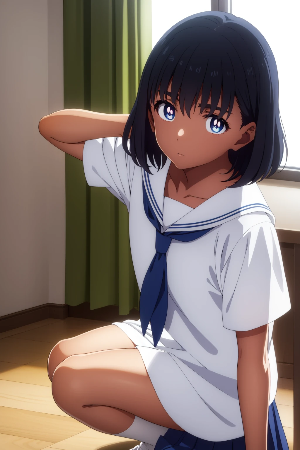 miokofune, mio kofune, short hair, blue eyes, black hair, dark skin, dark-skinned female, (bright pupils:1.5),
BREAK skirt, shirt, school uniform, white shirt, short sleeves, pleated skirt, serafuku, socks, blue skirt, white socks,
BREAK indoors, classroom,
BREAK looking at viewer,
BREAK (masterpiece:1.2), best quality, high resolution, unity 8k wallpaper, (illustration:0.8), (beautiful detailed eyes:1.6), extremely detailed face, perfect lighting, extremely detailed CG, (perfect hands, perfect anatomy),