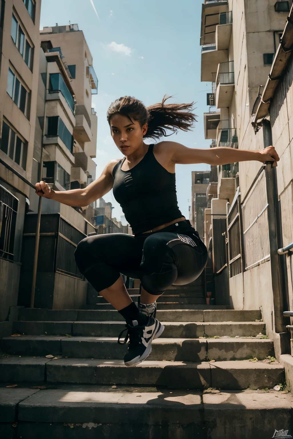 full body,photo of a 18 year old girl,parkour,happy,ray tracing,detail shadow,shot on Fujifilm X-T4,85mm f1.2,sharp focus,depth of field,blurry background,bokeh,lens flare,motion blur,<lora:add_detail:1>,<lora:LCM_LoRA_Weights_SD15:1>,