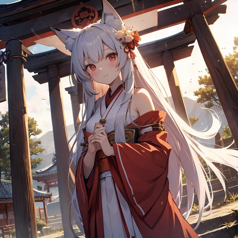 shrine maiden,long hair,with the fox