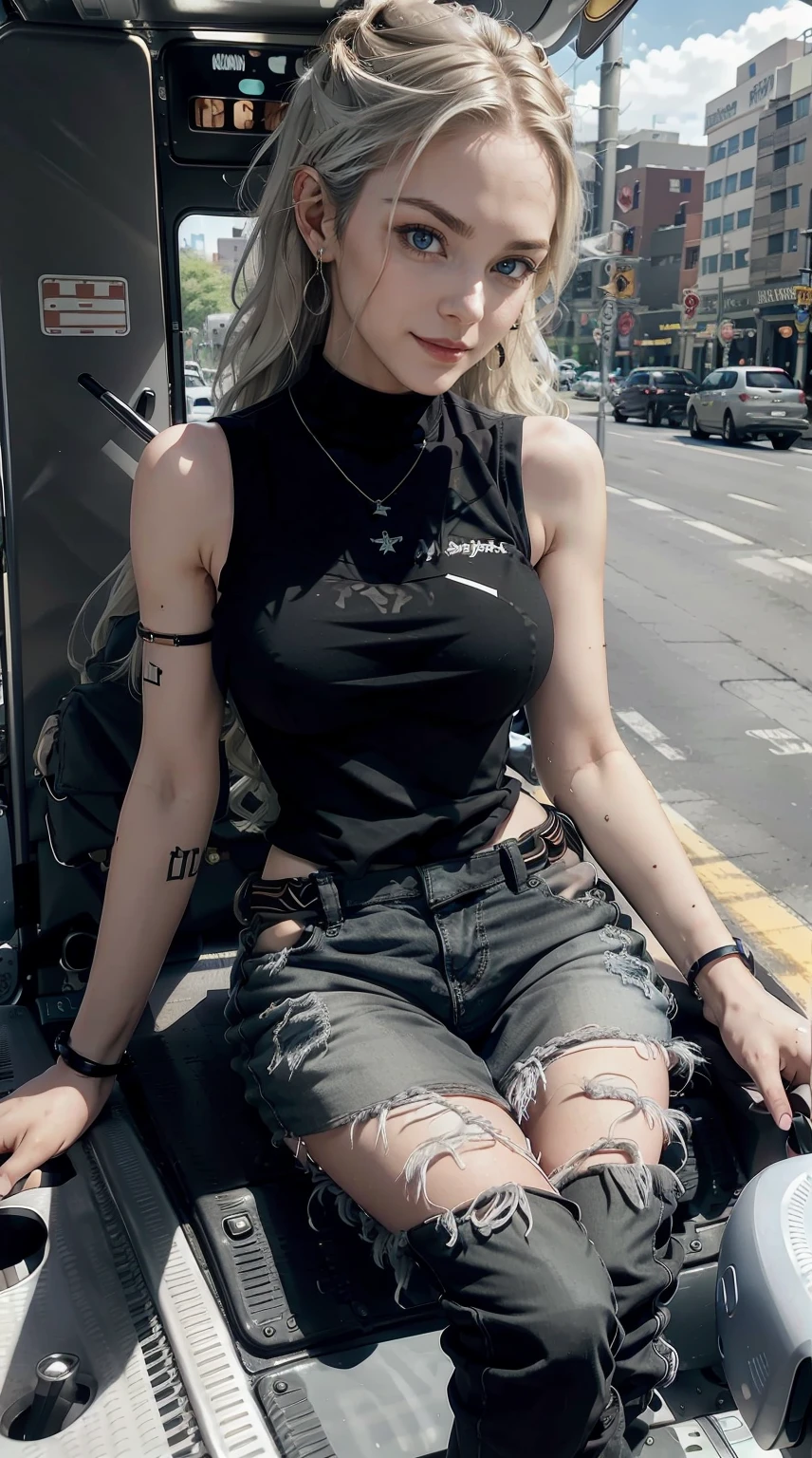 22 year old white female、Hair color is brunette、blue eyes、long hair、The ends of the hair are wavy、accessories on wrist、wearing a necklace、has earrings、skin is smooth、Slender but muscular body、smile、Wearing a sleeveless black high-neck zipper-up top、wearing skinny jeans、The rear door of an ambulance parked on a road in a built-up area of New York is open.、sitting in an ambulance
