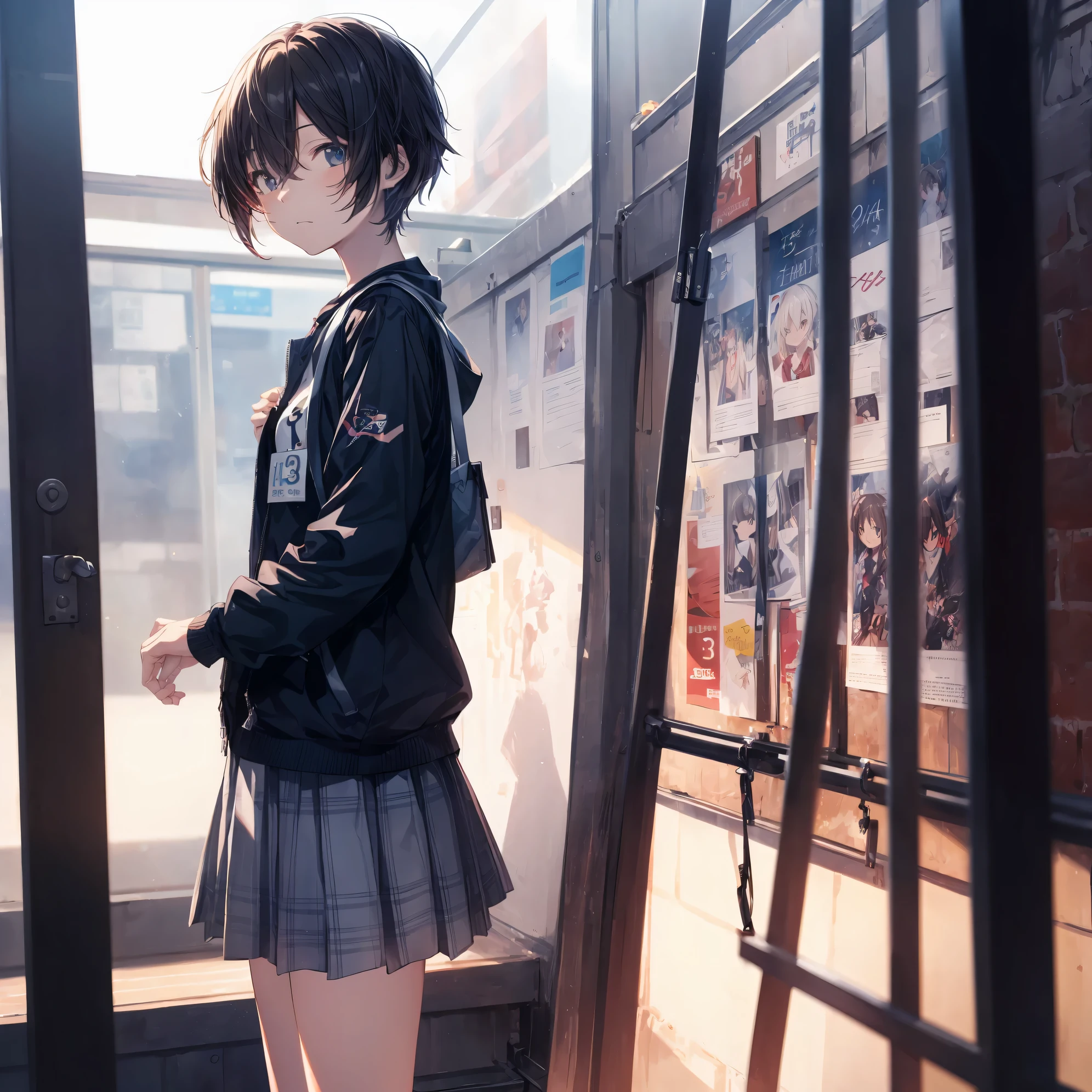 ultra-Top-quality by art God, ultra-detailed, high resolution, shinkai makoto style, anime moe artstyle, best anime 8k konachan wallpaper, pixiv contest winner, perfect anatomy, break,(Please draw a girl walking sleepily to school alone. ),break, a hyperrealistic schoolgirl, (Solo,Loli,,13-ye-ol3),Fulimbs, complete fingers,a junior high sccharm, (Very very Short hair), messy hair, flat soft chest, Small butt, groin, Small eyes,beautiful detailed black eyes, well-proportioned iris and pupils, disgusted eyes, highres detailed hair, school Uniform, skirt, in the School commute route. break,super detailed skin, Best lighting powered by famous artist, 8k, illustration,