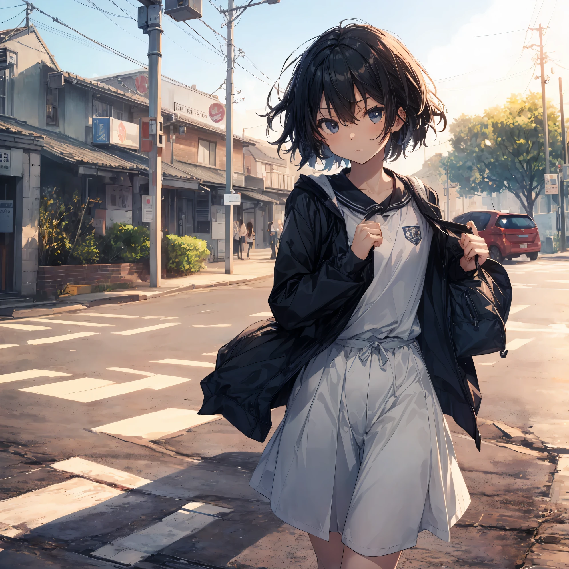 ultra-Top-quality by art God, ultra-detailed, high resolution, shinkai makoto style, anime moe artstyle, best anime 8k konachan wallpaper, pixiv contest winner, perfect anatomy, break,(Please draw a girl walking sleepily to school alone. ),break, a hyperrealistic schoolgirl, (Solo,Loli,,13-ye-ol3),Fulimbs, complete fingers,a junior high sccharm, (Very very Short hair), messy hair, flat soft chest, Small butt, groin, Small eyes,beautiful detailed black eyes, well-proportioned iris and pupils, disgusted eyes, highres detailed hair, school Uniform, skirt, in the School commute route. break,super detailed skin, Best lighting powered by famous artist, 8k, illustration,