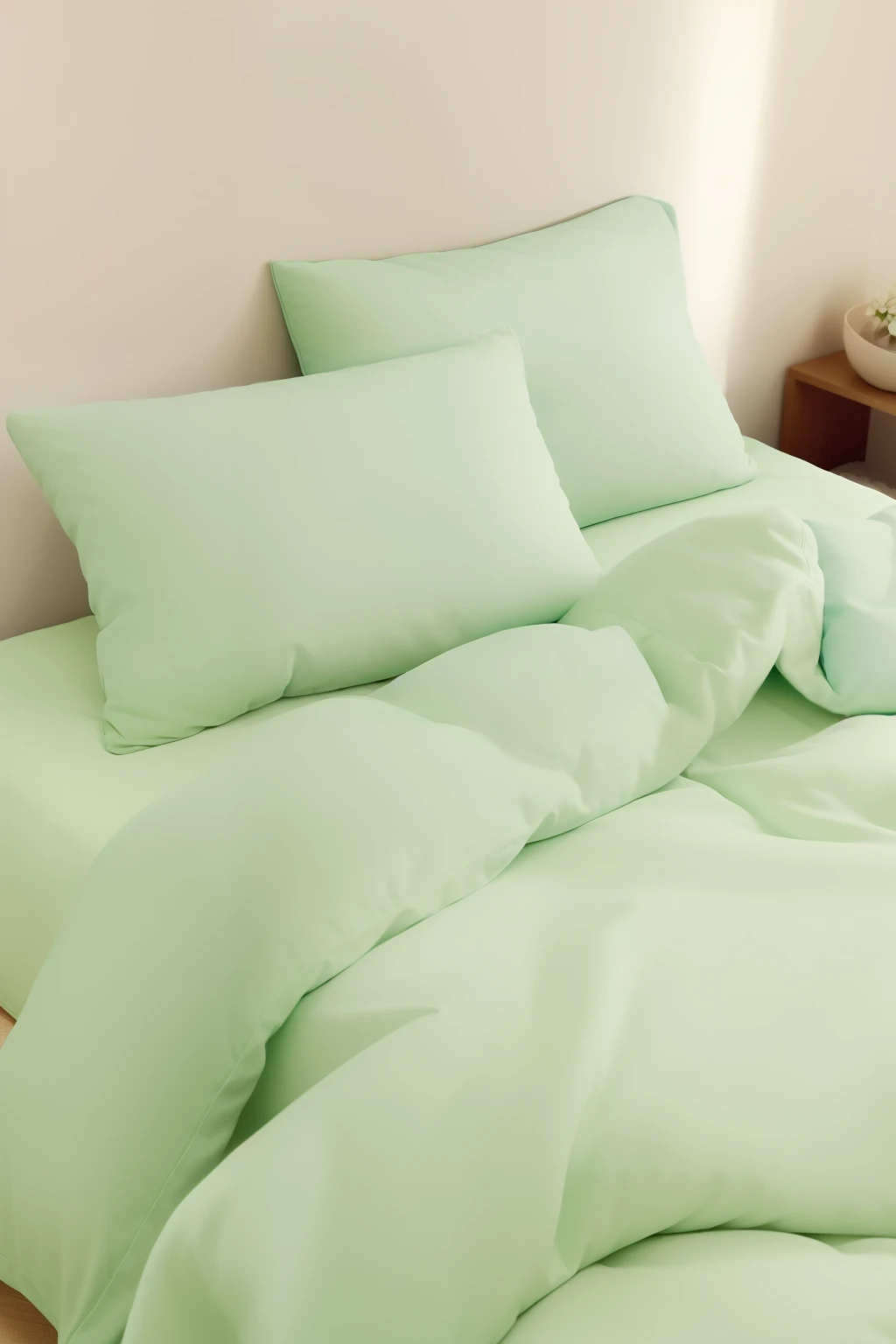 there  a bed with a green comforter and pillows on it, pastel green, seafoam green, soft green natural light, dreamy soft, gradient pastel green, soft green lighting, bright soft colors, soft cute colors, soft colore, soothing colors, designed for cozy aesthetics!, pale green glow, soft color, soft colors, 8 k ), lightgreen