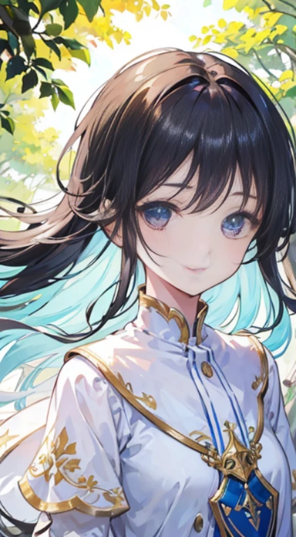(masterpiece), (best quality), (Super details), (disheveled hair), (illustration), (1 名girl), (interview), (Brief Background), Beautiful and delicate eyes, Exquisite and beautiful face, floating, (high saturation), (shine), focus on face, black hair, Bangs, Smiling all over, floating Hair. girl, A teenage girl in love, pixiv illustration, quality, Super detailed, Smile, ingenious, pretty face, 4k, nature, sunlight filtering through the trees,
