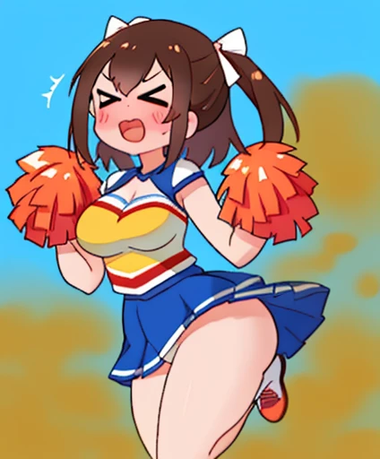 cheering party、1 girl、best quality、cheerleader、women stink、women fart、shyness、Funbaru、big breasts、raise your hand、raise one leg