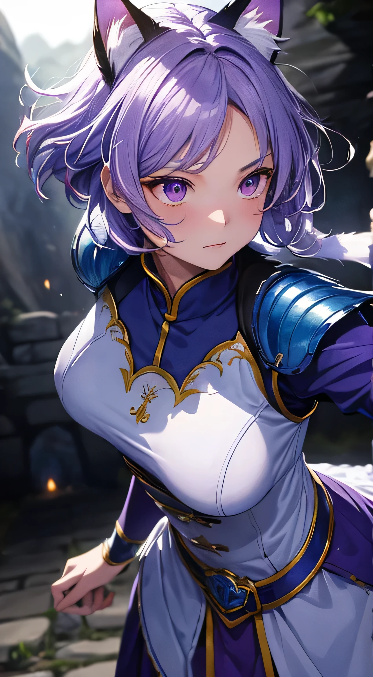 beautiful details한 소녀, battle stance, attack stance, clear and beautiful, glowing skin, female, female, young, 20 years old, Short hair, Short hair, beautiful details hair, Light shining directly on your face, ((mongolian armor, costume point color: blue, purple, Innocent style without skin exposure)) beautiful details, small breasts, Very nice 8KCG wallpaper, Very nice 8K CG wallpaper, Watercolor (middle), female warrior, (((cat ears ))), (((underground dungeon, underground cave))), with a knife in hand, sword swing action, training with sword, Lights shining right before your eyes