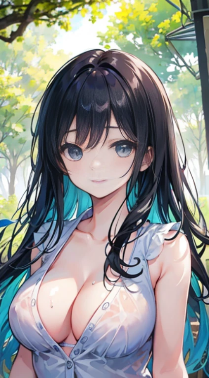 (masterpiece), (best quality), (Super details), (disheveled hair), (illustration), (1 名girl), (interview), (Brief Background), Beautiful and delicate eyes, Exquisite and beautiful face, floating, (high saturation), (shine), focus on face, black hair, Bangs, Smiling all over, floating Hair. girl, A teenage girl in love, pixiv illustration, quality, Super detailed, Smile, ingenious, pretty face, 4k, nature, sunlight filtering through the trees,The clothes are wet，cleavage, Nipples