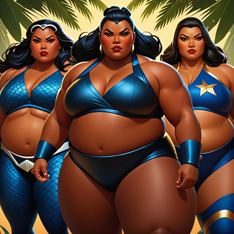 The most beautiful picture in the world. A team of fat black giant bbw polynesian female sumo evil superheroes from outer space. art by Stanley Artgerm Lau, Charlie Bowater, Julie Dillon, absurdrez, midjourney, trending on deviantart, masterpiece, directed by steven Spielberg, Guillermo Del Toro and peter jackson. intricate details, 4k, 8k, highres, absurdres, best quality, high quality,