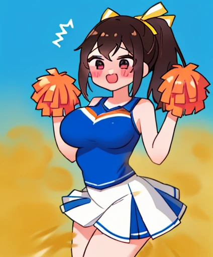 nfsw, 1girl, solo, huge breast, blush, smile, open mouth, brown hair,REEN eyes, ,thighs ,official art, ((best_quality:1.0),
((ultra sexy cheerleader costume)),