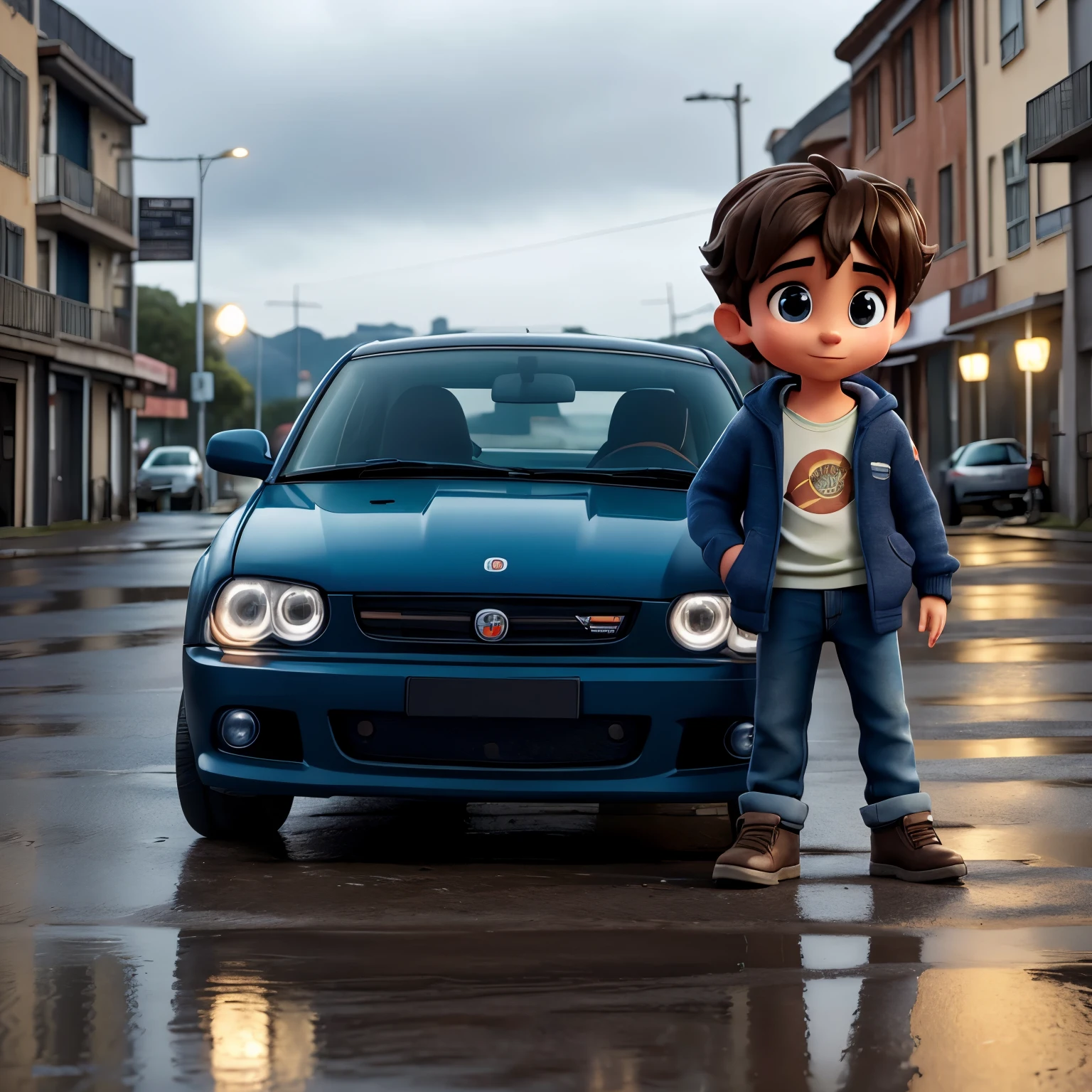 Descreva a cena de um jovem gordinho. De oculo estilo harry potter com capuz, vestindo um moletom preto e bermuda jeans, standing on the sidewalk on a rainy night. Ele olhando para um carro fusca brasileiro ano 80 brilhante passando na estrada., Your admiration visible in your eyes. The light from the headlights reflects on the puddles of water around you, enquanto a chuva cai suavemente sobre ele. O som do motor potente ecoa no ar, misturando-se ao som da chuva. The boy remains motionless, captured by the elegance and speed of the car, dreaming of the day when you can be behind the wheel of such an impressive machine.