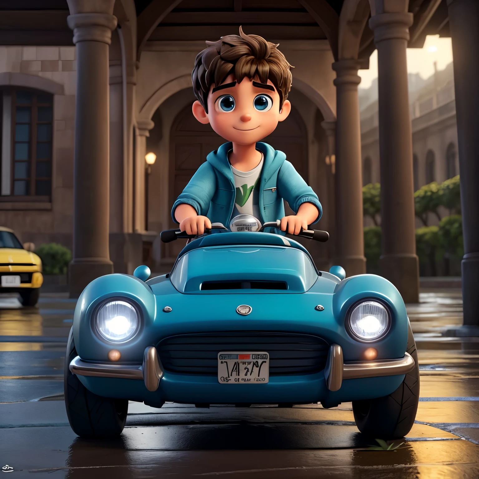 Descreva a cena de um jovem gordinho. De oculo estilo harry potter com capuz, vestindo um moletom preto e bermuda jeans, standing on the sidewalk on a rainy night. Ele olhando para um carro fusca brasileiro ano 80 brilhante passando na estrada., Your admiration visible in your eyes. The light from the headlights reflects on the puddles of water around you, enquanto a chuva cai suavemente sobre ele. O som do motor potente ecoa no ar, misturando-se ao som da chuva. The boy remains motionless, captured by the elegance and speed of the car, dreaming of the day when you can be behind the wheel of such an impressive machine.