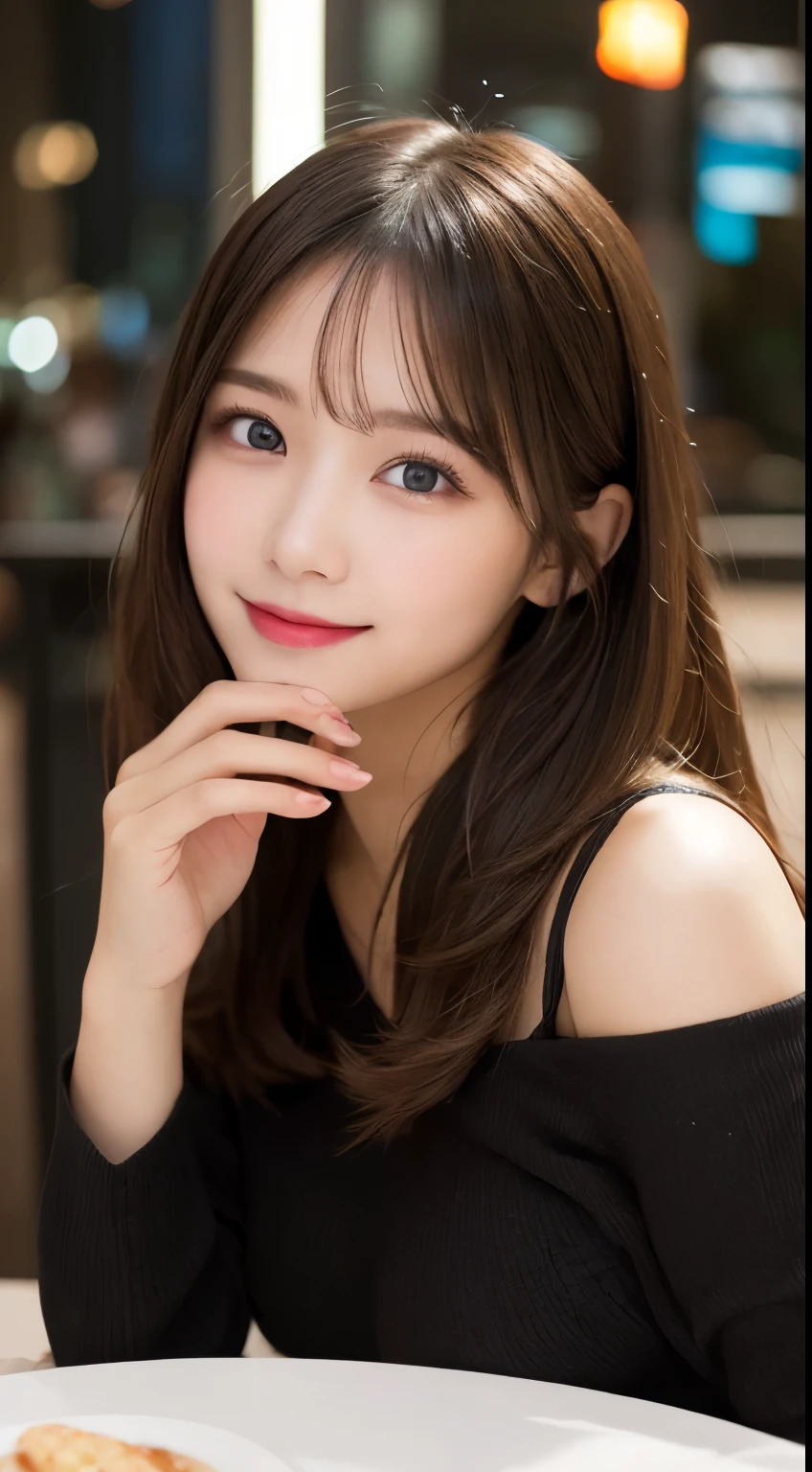 table top, highest quality, figure, super detailed, finely, High resolution, 8k wallpaper, 完璧なダイナミックな構figure, detailed and beautiful eyes, winter dress,medium hair, small breasts, natural color lip, random sexy poses,smile,big city、20 year old girl、midnight、beautiful and detailed face、perfect and beautiful face,Big eyes