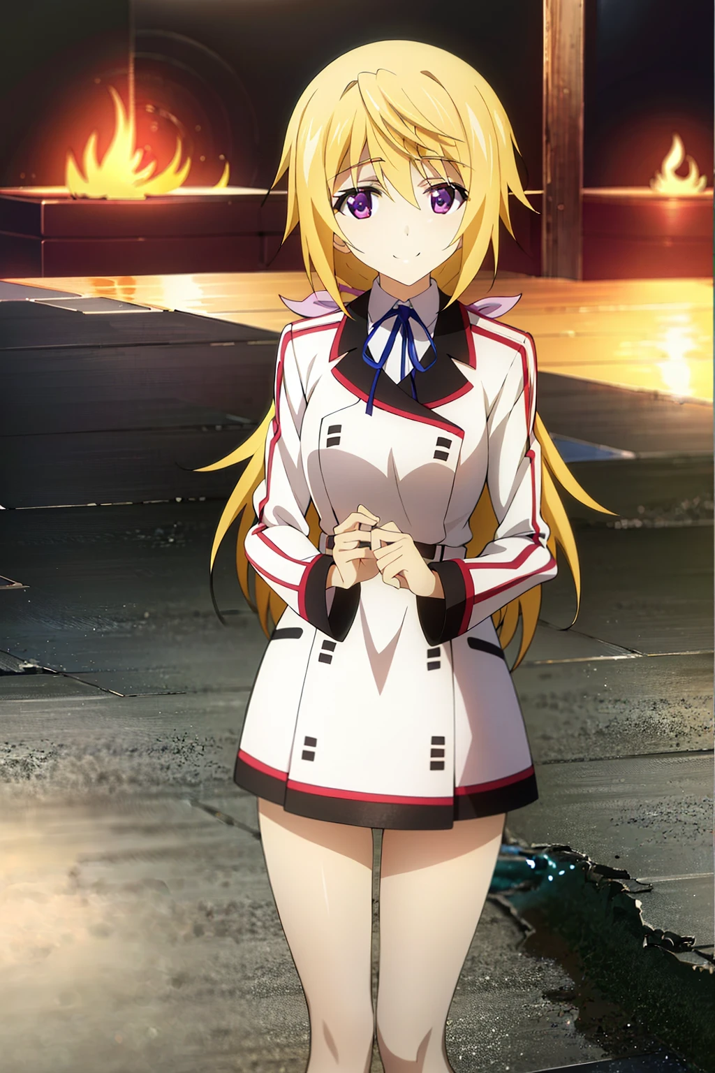 (extremely detailed CG unity 4k wallpaper),(masterpiece),(best quality),(ultra-detailed),(best illustration),(best shadow),(absurdres),(detailed background), Charlotte Dunois, 1girl, blonde hair, long hair, smile, ribbon, white school uniform, solo, looking at viewer, purple eyes, hair ribbon, ponytail