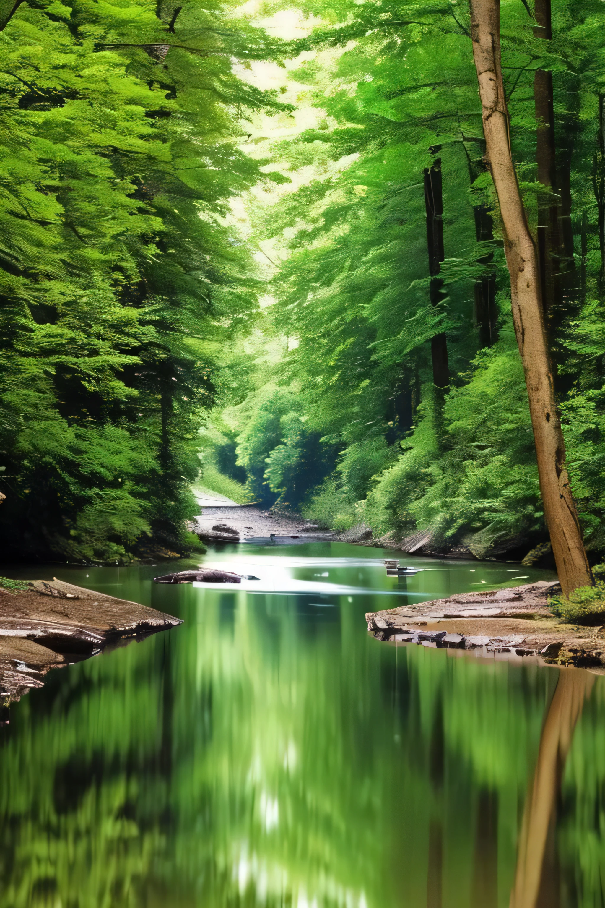 trees are reflected in the water of a stream in a forest, a photo by Henri Biva, flickr, romanticism, river in a forest, river in the wood, forest and river, peaceful lushious forest, peaceful and serene, serene forest setting, green waters, german forest, beautiful forest scenery, river with stunning water, beautiful! coherent!, peaceful environment