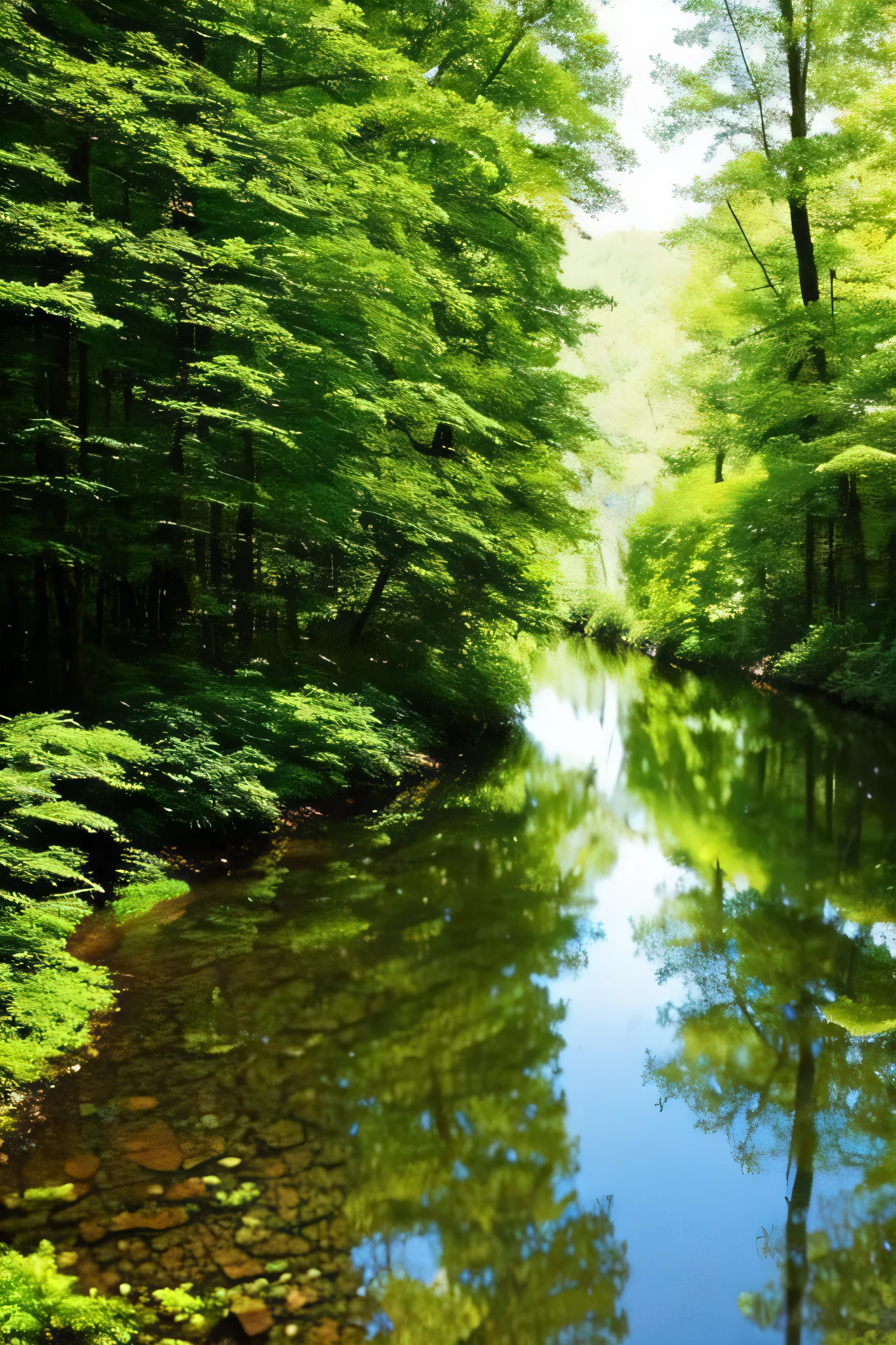 trees are reflected in the water of a stream in a forest, a photo by Henri Biva, flickr, romanticism, river in a forest, river in the wood, forest and river, peaceful lushious forest, peaceful and serene, serene forest setting, green waters, german forest, beautiful forest scenery, river with stunning water, beautiful! coherent!, peaceful environment