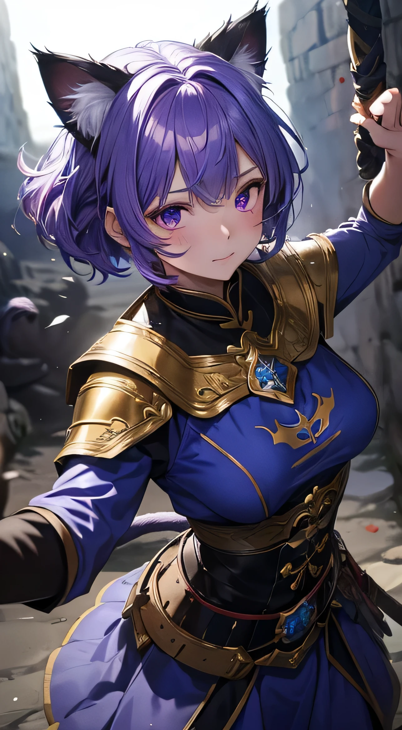 beautiful details한 소녀, battle stance, attack stance, clear and beautiful, glowing skin, female, female, young, 20 years old, Short hair, Short hair, beautiful details hair, Light shining directly on your face, ((mongolian armor, costume point color: blue, purple, Innocent style without skin exposure)) beautiful details, small breasts, Very nice 8KCG wallpaper, Very nice 8K CG wallpaper, Watercolor (middle), female warrior, (((cat ears ))), (((underground dungeon, underground cave))), with a knife in hand, sword swing action, training with sword, Lights shining right before your eyes