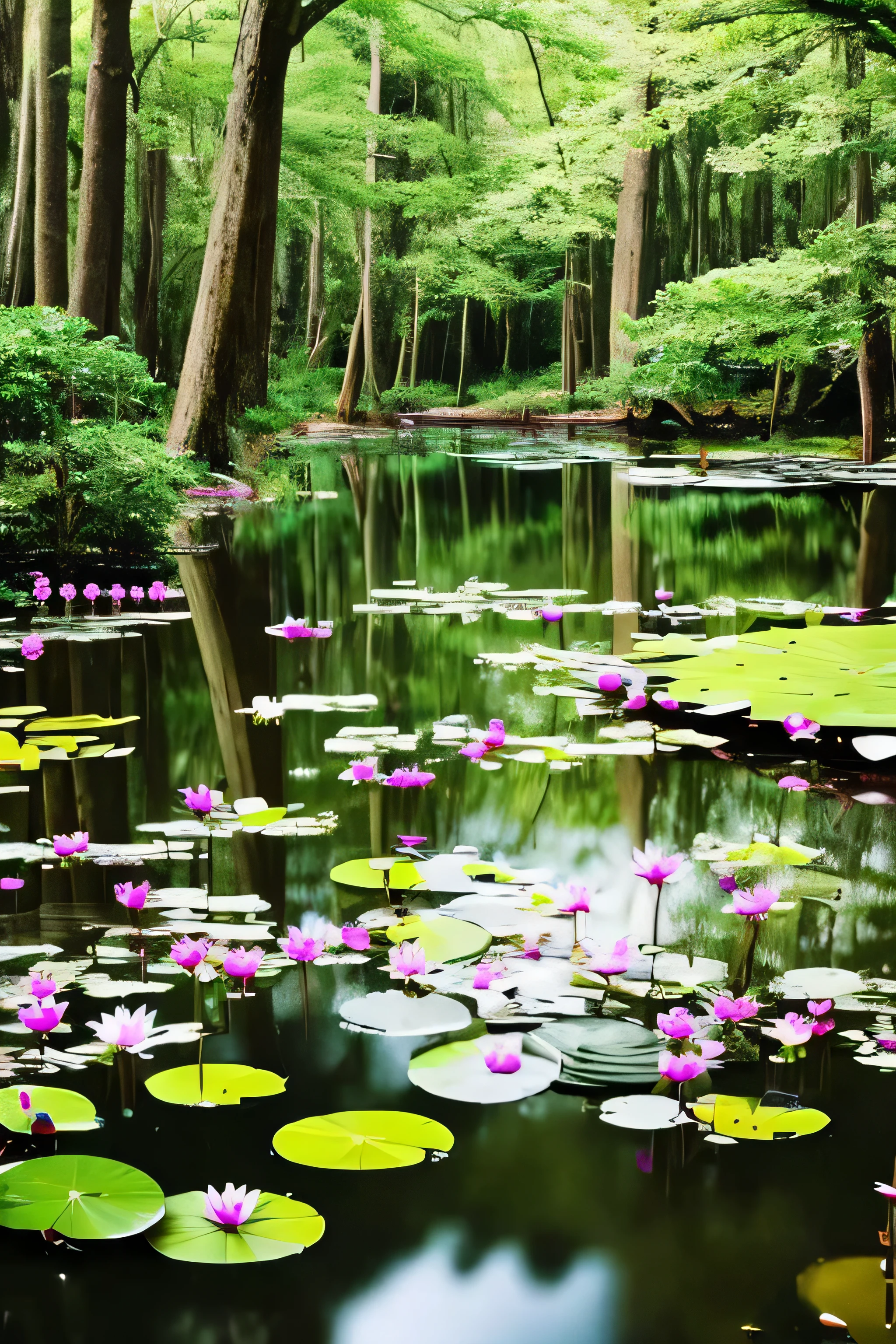 a thunderstorm with lightning over a pond with water lilies surrounded by cypress trees.