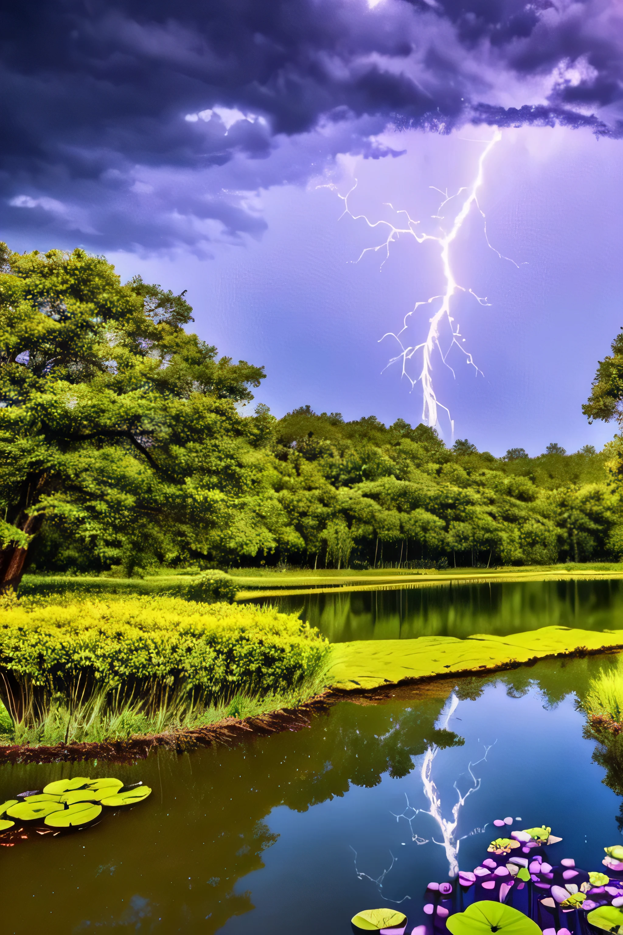 a thunderstorm with lightning over a pond with water lilies surrounded by cypress trees.