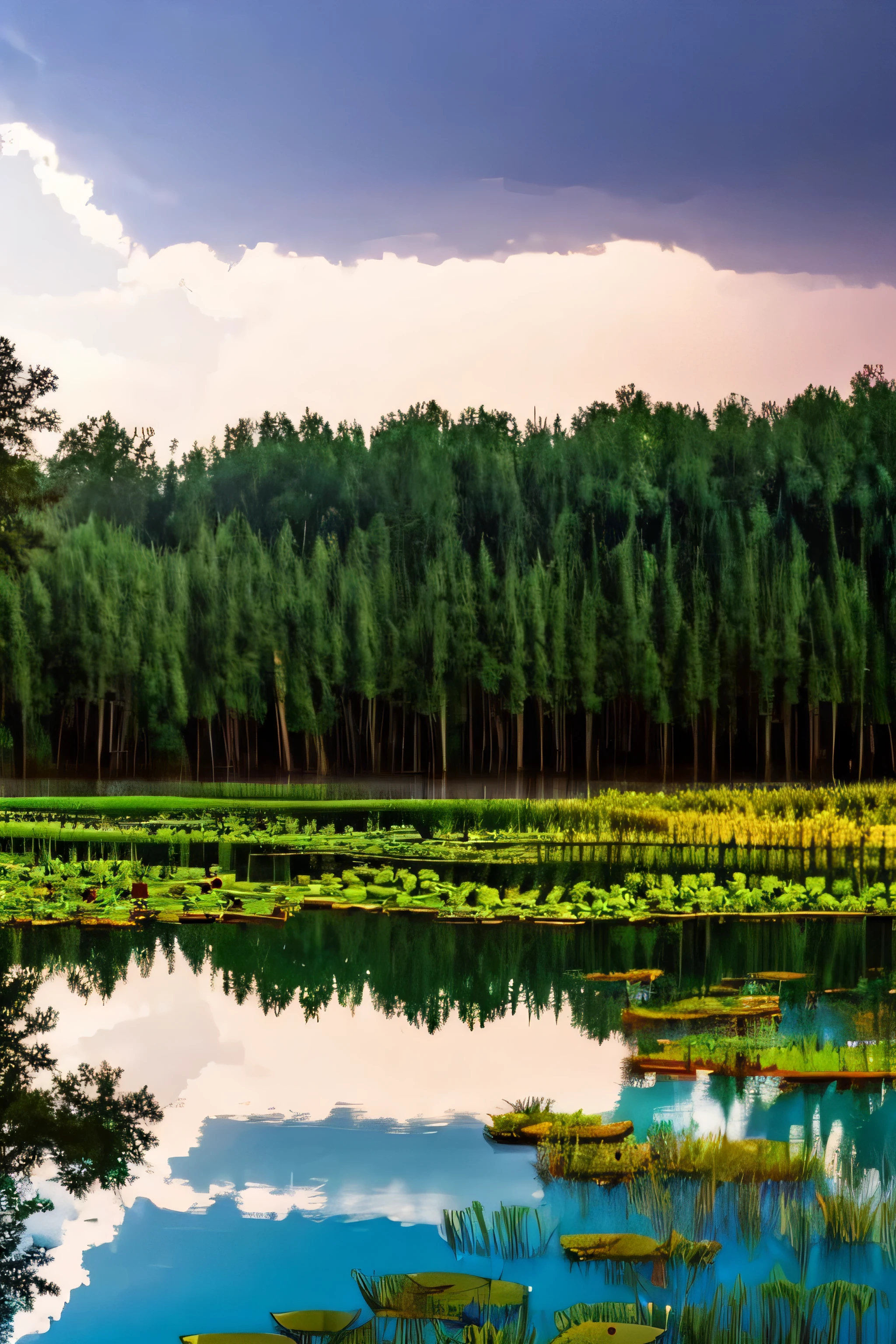 a thunderstorm with lightning over a pond with water lilies surrounded by cypress trees.