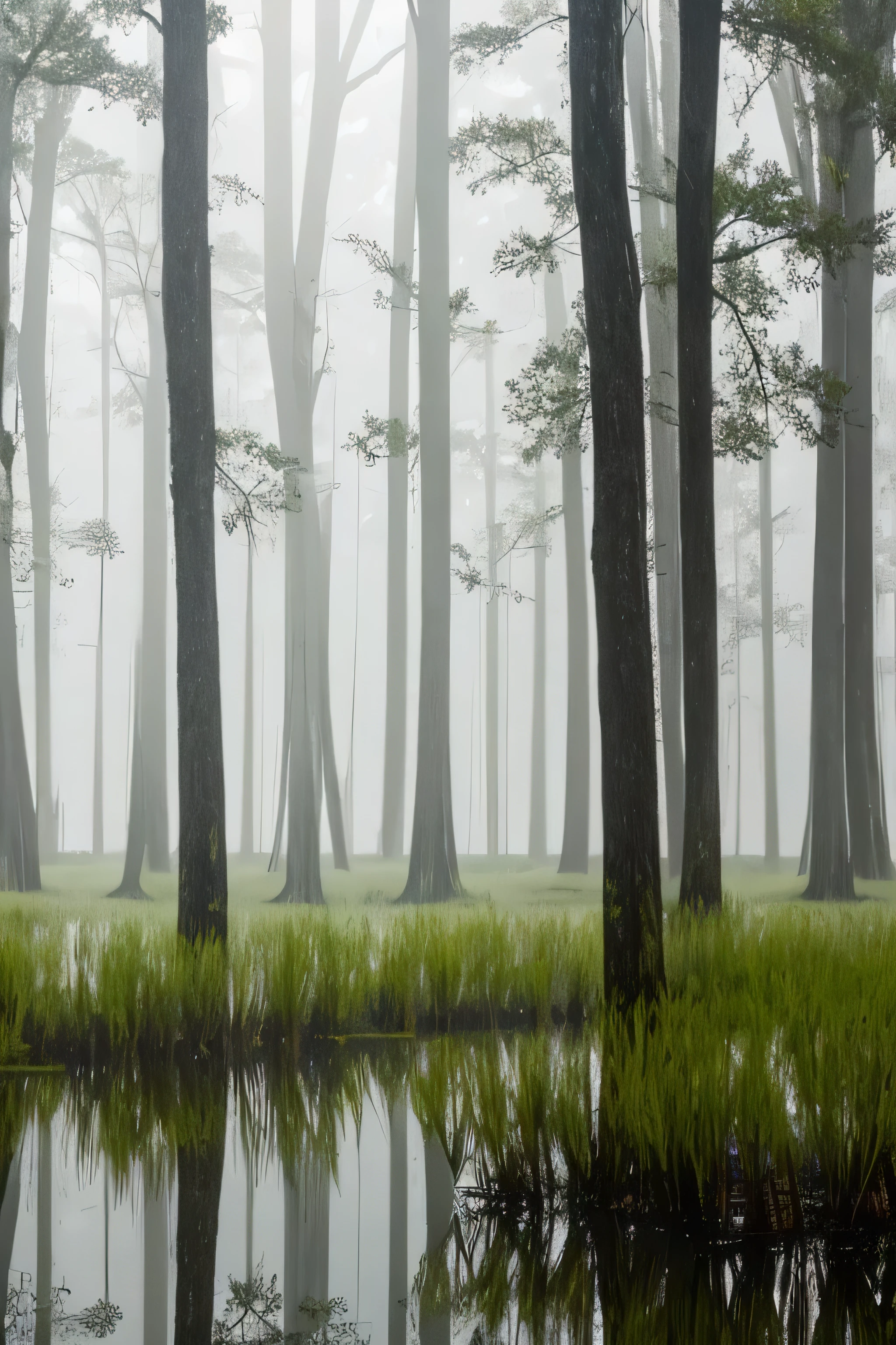a thunderstorm with lightning over a pond with water lilies surrounded by cypress trees.