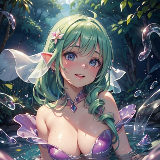 (best quality,4k,8k,highres,masterpiece:1.2),ultra-detailed,(realistic,photorealistic,photo-realistic:1.37),beautiful detailed eyes,beautiful detailed lips,extremely detailed eyes and face,long eyelashes,1girl,stalking,garden,slime girl,green skin,tentacle-like hair,curvy body,secretive smile,twinkling eyes,fashionable outfit,playful and mischievous expression,soft and bubbly texture,shimmering skin surface,floral background,ethereal lighting,expressive poses,subtle pink and purple palettes,translucent slime body,floating slime particles,subtle glow,delicate highlights and shadows,alluring presence,fantasy,whimsical,anime inspirations