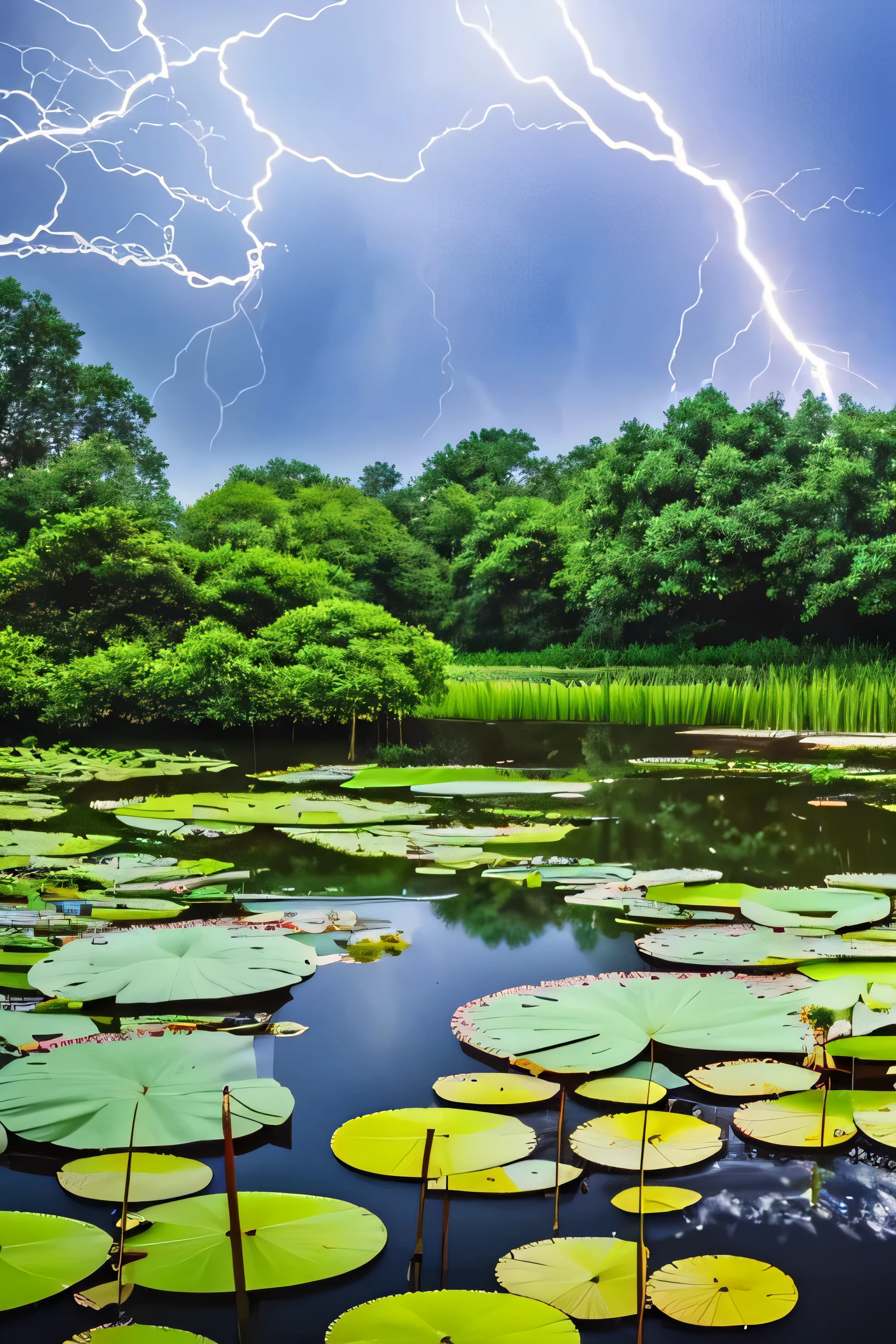 a thunderstorm with lightning over a pond with waterlilies.
