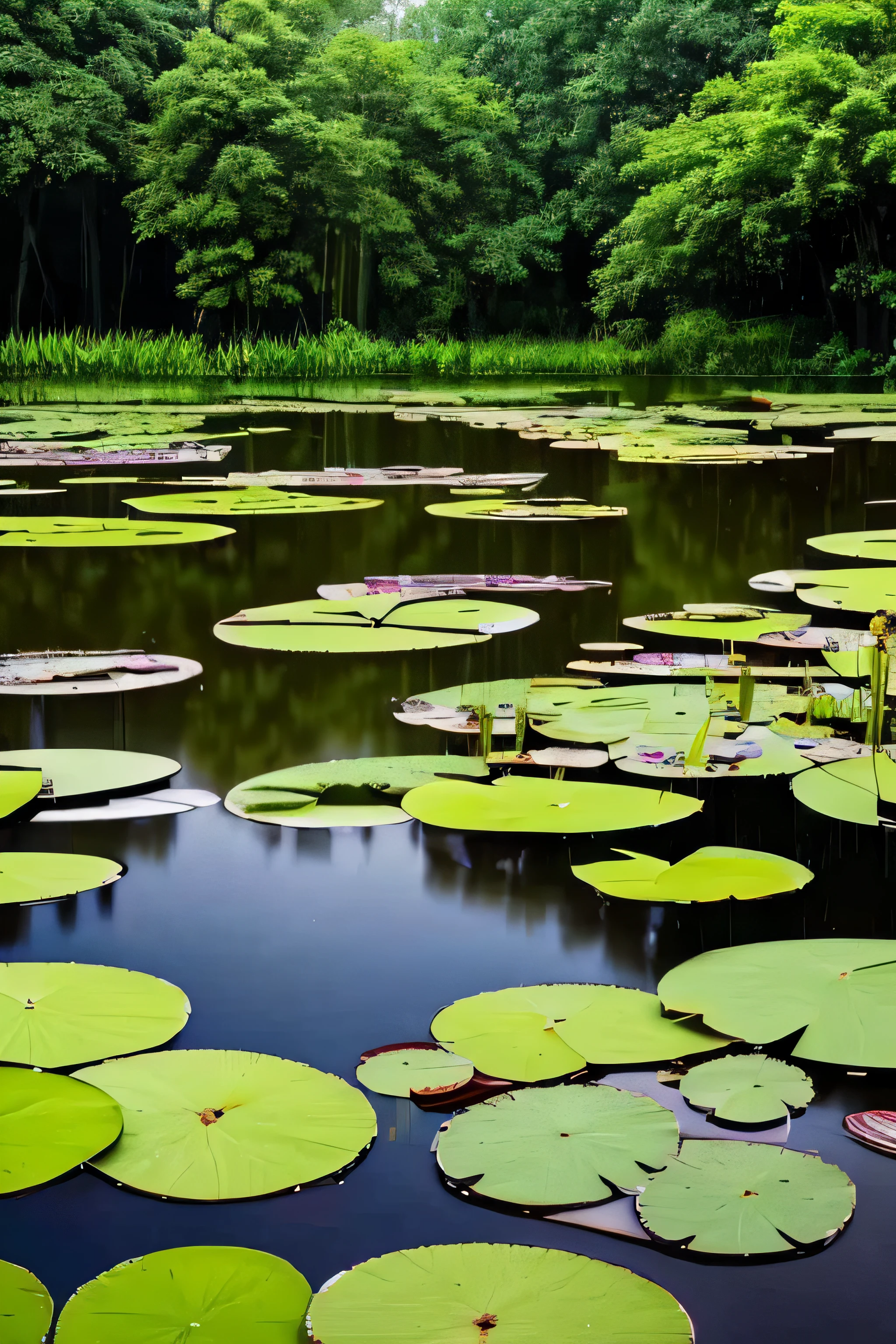 a thunderstorm with lightning over a pond with water lilies surrounded by cypress trees.