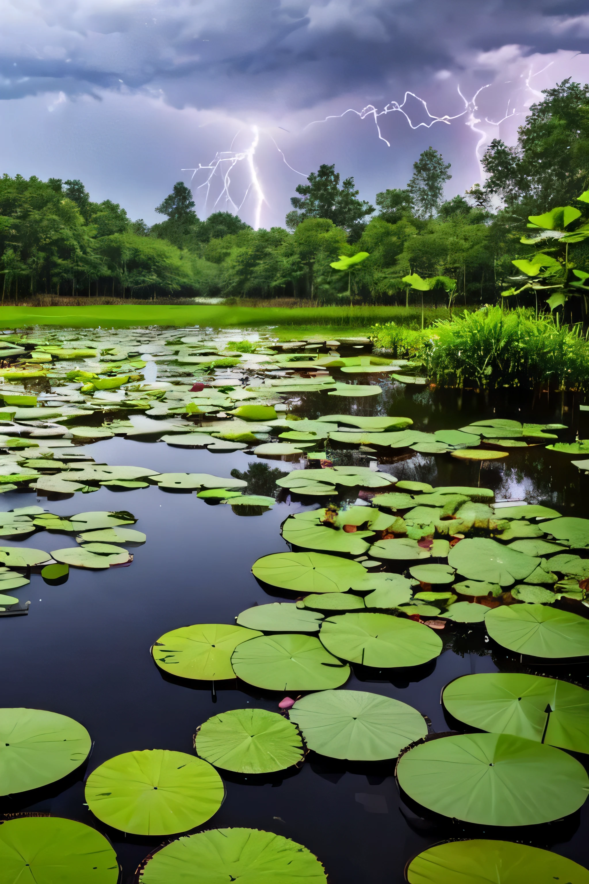a thunderstorm with lightning over a pond with waterlilies.