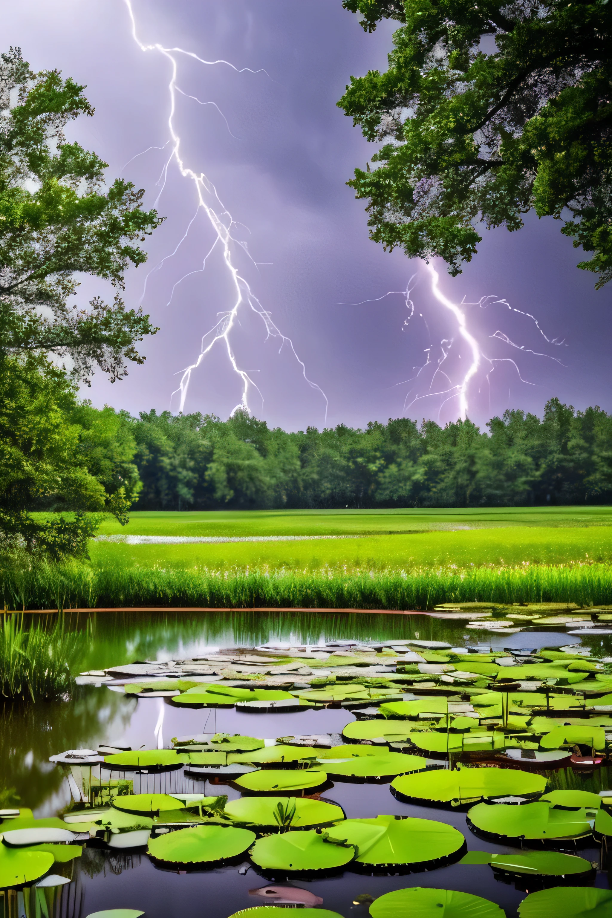 a thunderstorm with lightning over a pond with waterlilies.