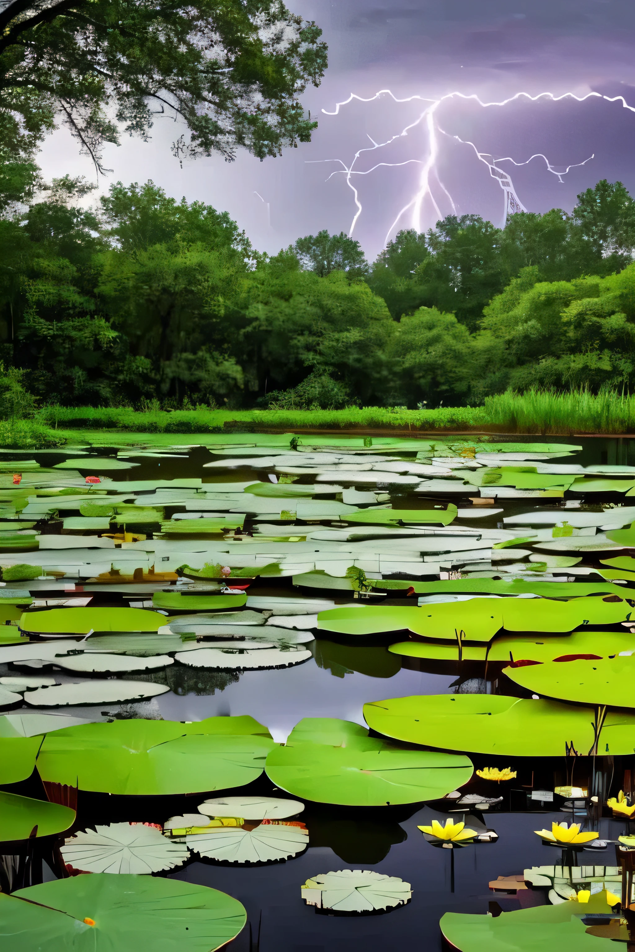  a thunderstorm with lightning over a pond with waterlilies.