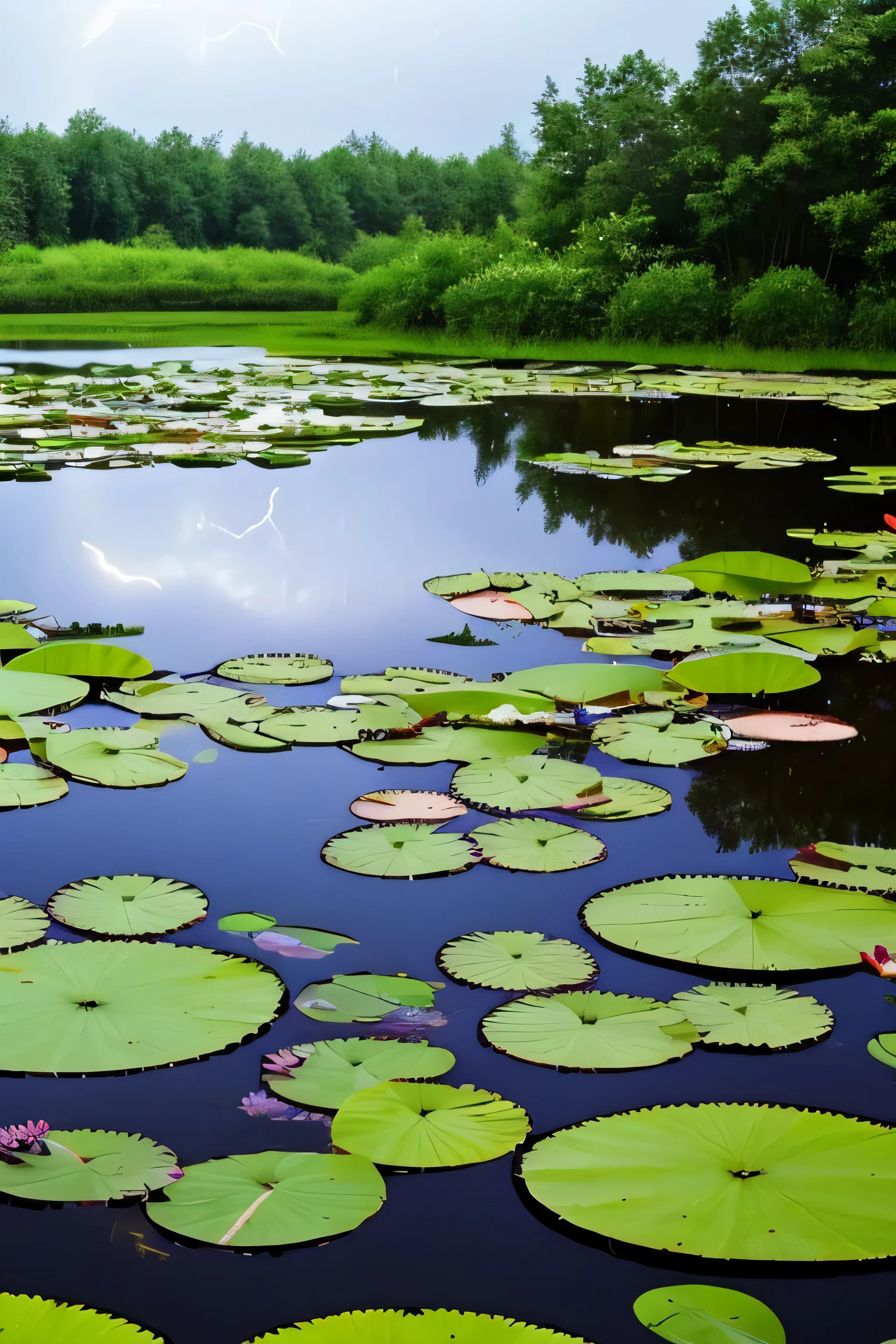 a thunderstorm with lightning over a pond with water lilies surrounded by cypress trees.