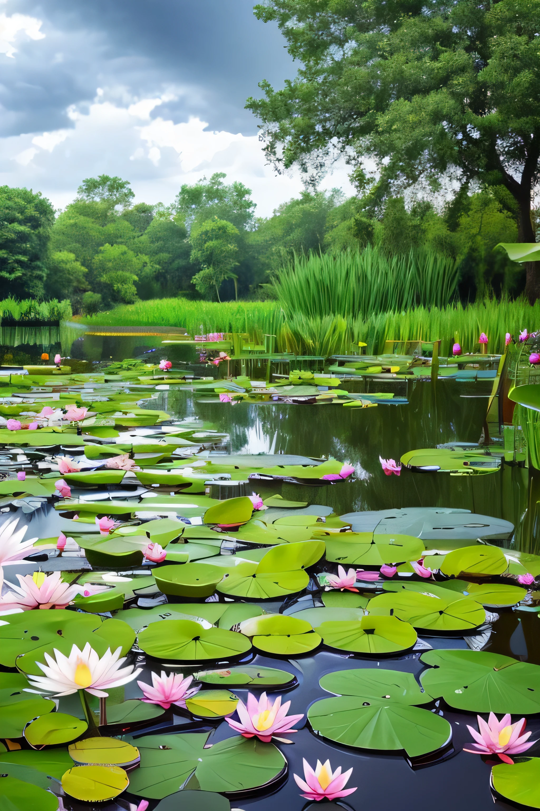 Thunderstorm over a pond with waterlilies.