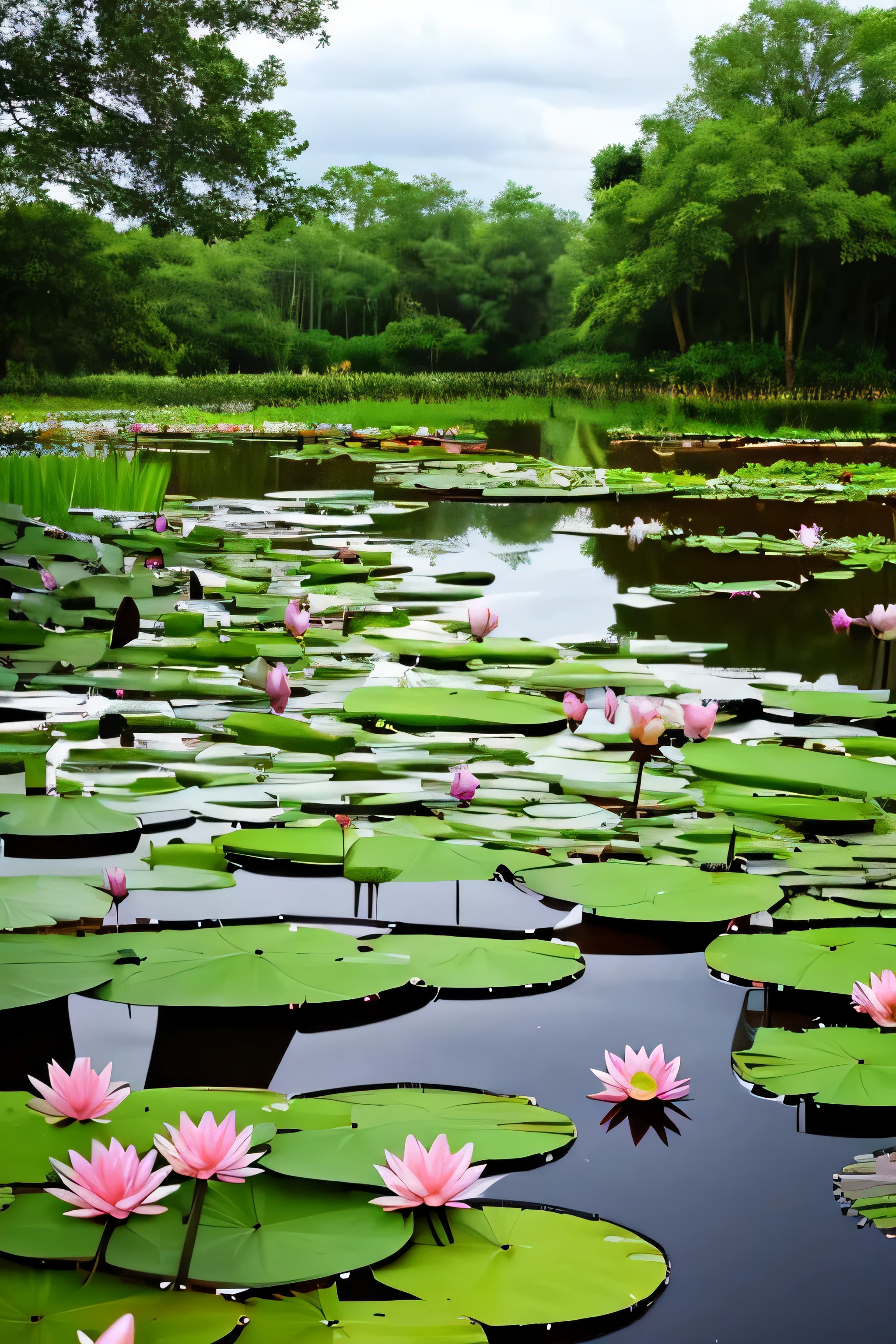 Thunderstorm over a pond with waterlilies.