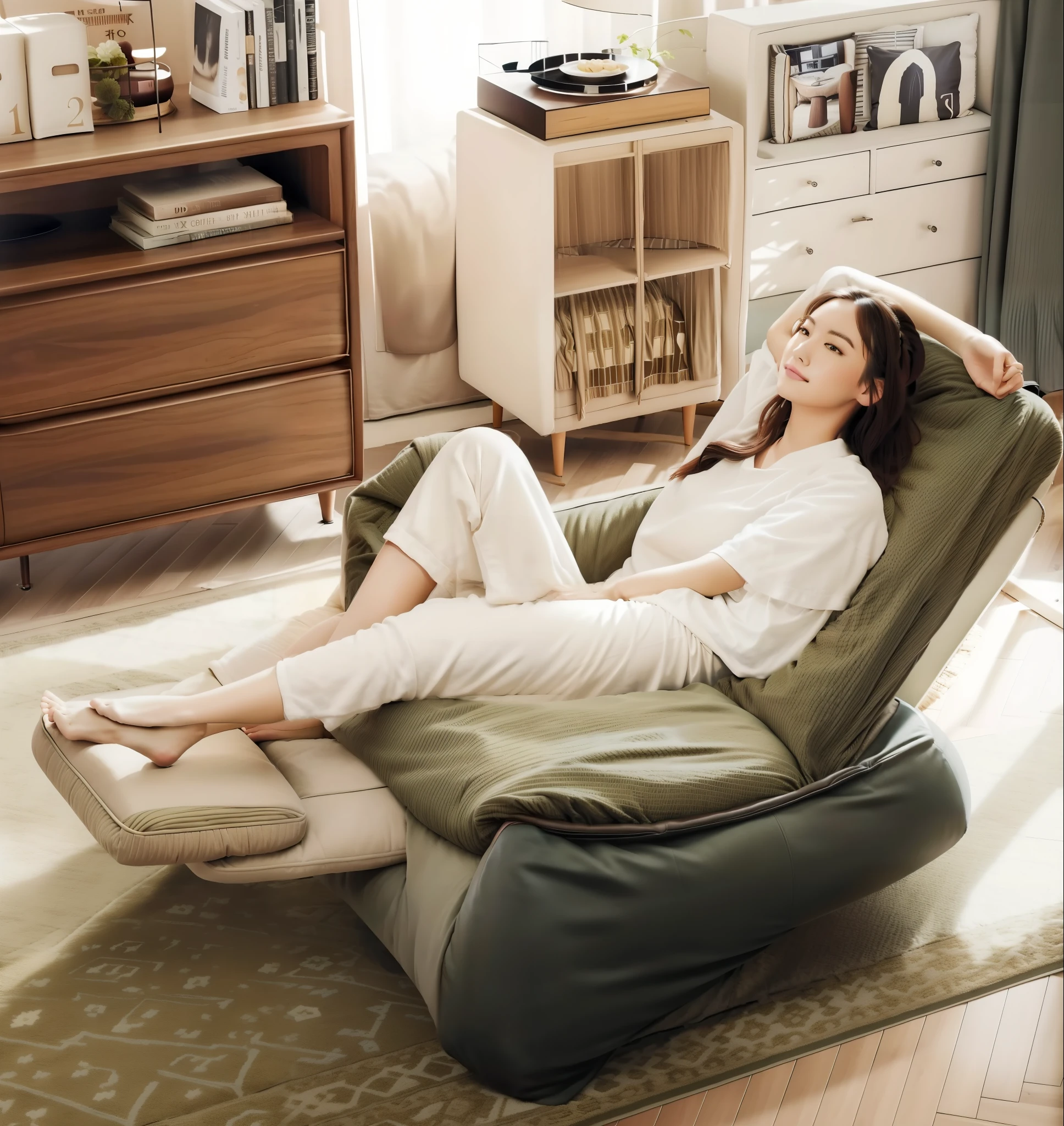 woman sitting on lounge chair in living room, 在comfortable chair上, recline, Sit relax and be happy, sitting in rocking chair, Very comfortable], relaxing on a modern couch, bottom corner, close angle, Place in the living room, High resolution scan, High resolution scan, real reality images, comfortable chair