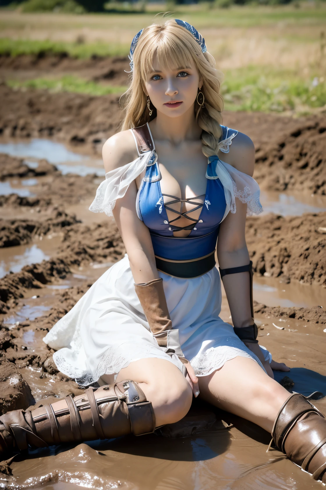 Sophitia attacked by multiple men,Sophitia with a pained expression,Sophitia defeated in battle,,Sophitia grimaces,surreal pictures, Sophitia dirty with mud, open your mouth, bright red lipstick, Mud flows thickly over my body, high heels covered in mud, choker with mud, muddy decolletage, There&#39;s mud on my face, muddy face, A woman in her 20s covered in mud,､ Underbust corset with mud splash, muddy white fishnet stockings, hair covered in mud, muddy corset, high quality, realistic lighting, center of photo, 8K, HDR, BDSM, medium chest size, long legs, professional photography of women, Natural skin texture with plenty of mud, 4K texture, adobe light room, photo lab, HDR, complicated, very detailed, sharp focus, insane details, complicatede Details, hyper detail, bright movie theater lights, outdoor atmosphere, lifted my chin, (exposed belly: 1,8 )Super realistic,(masterpiece:1.4),(最high quality:1.4),(confused:1.4),pin up,	Sophitia covered in mud_whitedress_wife,	Sophitia covered in mud_泥で汚れたwhitedress､blonde dirty hair,big breasts,blonde long hair,Braid,blue eyes,jewelry,arm,cleavage,sword,armor,shield,earrings,single Braid,dress,belt,See-through,covered nipples,armored dress,huge breasts,hair ornaments,white dress,holding arm,very long hair,lips,bare shoulders,bangs,gloves,hair ribbon,necklace,skirt,clavicle,feather,revealing clothes,bangle,elbow gloves,greek clothing,Braided ponytail,		(confused, High resolution, Unbelievably_confused:1.4),scenery,masterpiece,very dirty clothes,dirty smell,lie on your back in the mud,swim in the mud,fall into the mud