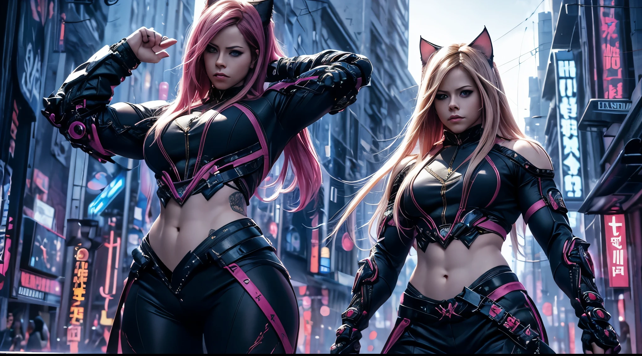 (ultrarealistic), (((Avril Lavigne))), arafed fully clothed ripped bodybuilder (time magician) woman in cybersamurai armor standing in a cyberpunk town in the morning, cybersamurai outfit, cybersamurai style clothes, by Emma Andijewska, femme, exclusive, p. j. n, ultra detailed game CG, (High resolution:1.1),(absurderes:1.1), 1girl in, , Cat's ears，Solo, she looks like ((Avril Lavigne )), ripped bodybuilder, huge breasts. big round butt. perfect skin, perfect face,a woman with long hair , she has black hair with bangs, lalisa manobal, power pose