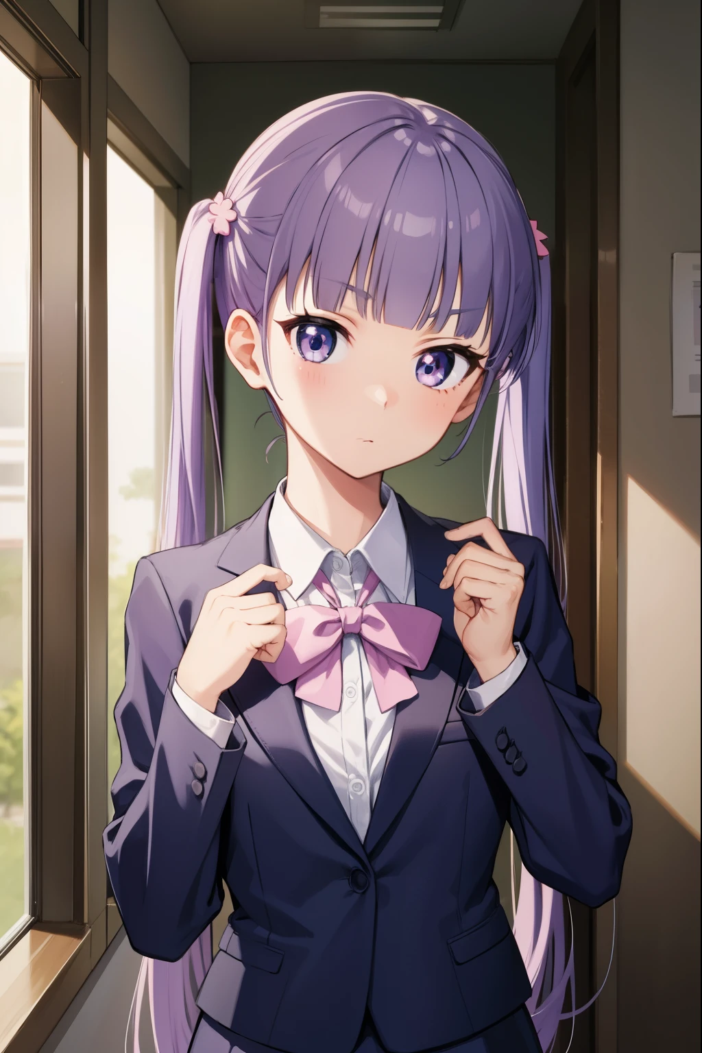 aobasuzukaze, aoba suzukaze, eyebrows, hair ornament, long hair, (purple eyes:1.1), purple hair, twintails,
BREAK blue skirt, bow, bowtie, business suit, dress shirt, formal, neck ribbon, pink bow, pink bowtie, pink ribbon, ribbon, shirt, skirt, skirt suit, suit, white shirt,
BREAK looking at viewer,
BREAK indoors, office,
BREAK (masterpiece:1.2), best quality, high resolution, unity 8k wallpaper, (illustration:0.8), (beautiful detailed eyes:1.6), extremely detailed face, perfect lighting, extremely detailed CG, (perfect hands, perfect anatomy),