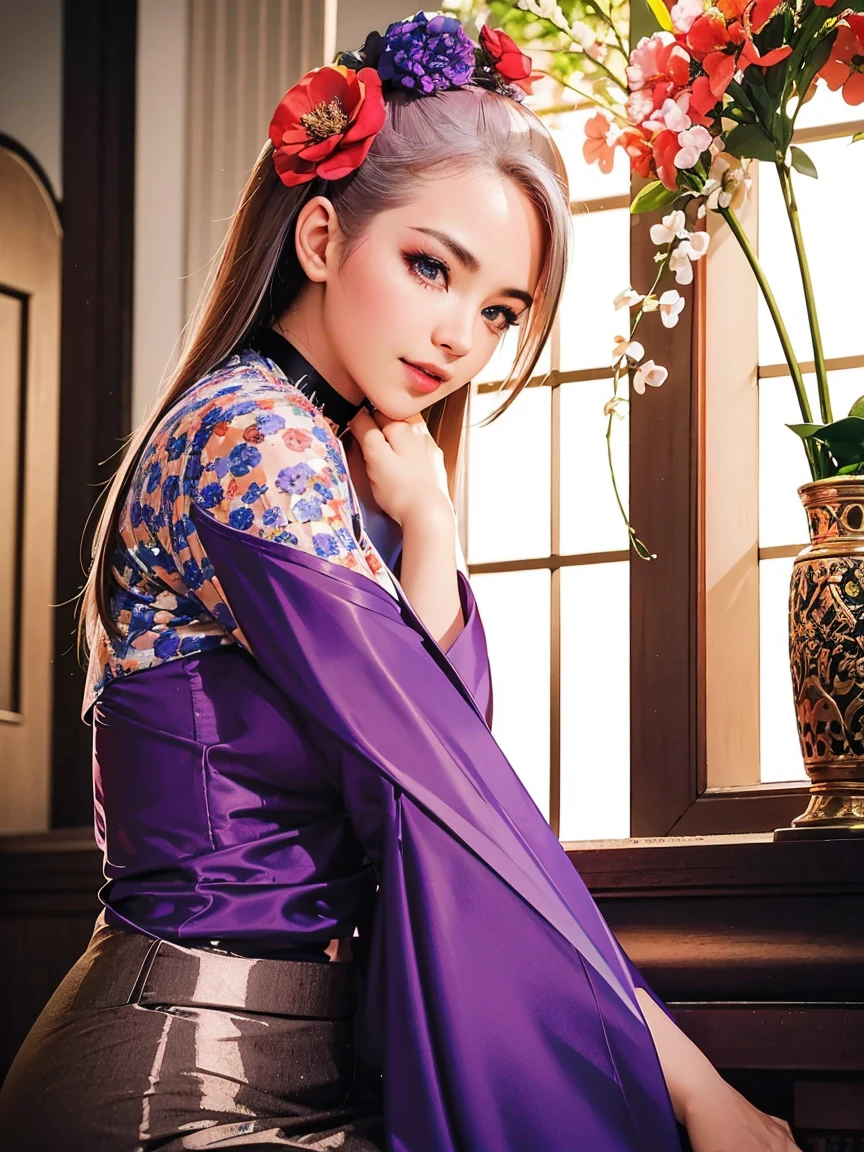 Best quality at best,tmasterpiece,A high resolution,1girl,Transparent silk porcelain dreseautiful face,hair adornments,looking at viewert,ssmile,closing the mouth,cparted lips,shift dresses,hair adornments,choker necklace,jewely,long whitr hair,耳Nipple Ring,beautiful face,upon body,dingdall effect,真实感,dark studio,edge lit,twotonelighting,(highdetailskin:1.2),8k uhd,digital SLR camera,softlighting,high qulity,Volumetriclighting,sneak shot,photore,A high resolution,4k,8k,Background bokeh,Royal sister,Purple clothes,White hair,Leaky lower body