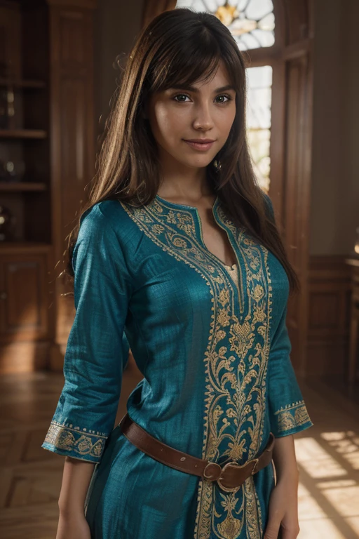 Portrait of Isabella: (best quality, 4k, 8k, high resolution, masterpiece: 1.2), ultra-detailed, (realistic, photorealistic, photorealistic: 1.37), HDR, UHD, studio lighting, vivid colors, bokeh , portraits, perfect hands, stunning smiling woman, side bangs with flower, perfect teeth, perfect face, perfect hand, perfect body, full body, tunic. This masterpiece is of the highest quality, ultra-detailed and perfect for an 8k HDR wallpaper. Featuring brilliant lighting with sharp focus and intricate details.