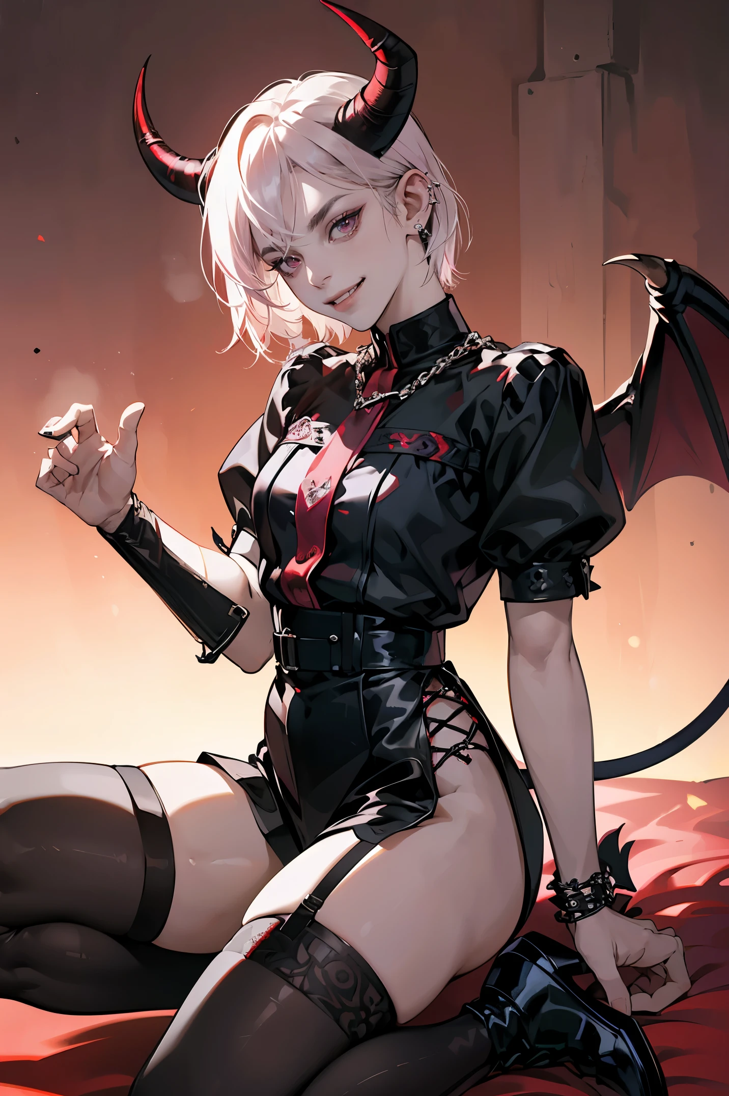 1boy, perfect male body, red purple eyes,delicate face, dynamicpose, (Evil smile, grin, tongue sticking out), masutepiece, High quality, Best Quality, ultra-detailliert, incubus, Short sliver hair, pink eyes, pale skin, black boots, Boy in Gothic costume,(piercingishnet stockings, gothic print, black leather garter belt, Multiple leather straps, Multiple iron chains mounted on a ring), Shorts, ((Devil Wings, Tail and horns)), (Ray tracing, dramatic shadows), Highly detailed fine art, Detailed Metal Jewelry, dramatic compositions, Cinematic lighting, 