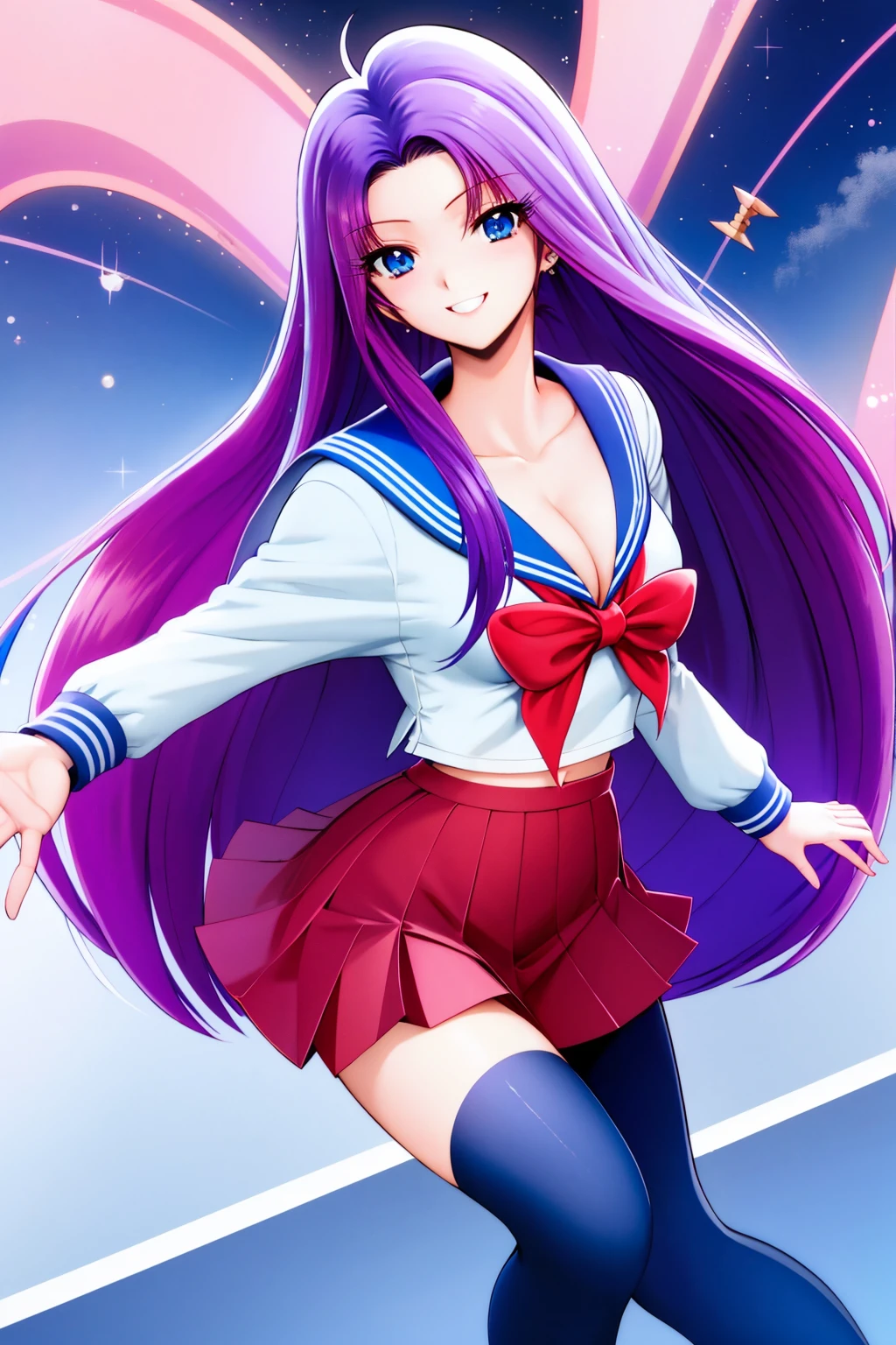 long hair, blue eyes, purple hair, cleavage, breasts, 
school uniform, pleated skirt, serafuku, sailor collar, red bow, blue skirt,black socks,
smile,, (best quality:1.3),1girl,