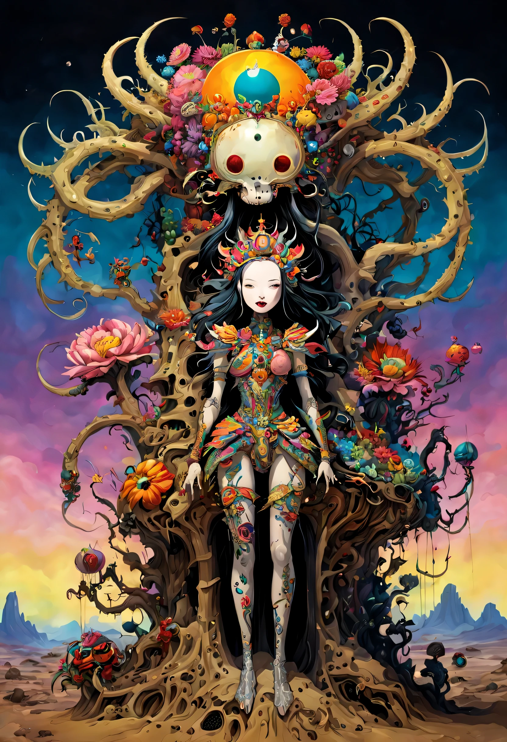 Scorpion princess with hauntingly beautiful exoskeleton, poised regally atop her arid kingdom throne, rendered in the eerie, intricate style of Dan Seagrave, alongside vibrant, smiling flora and fanciful creatures in the whimsical, colorful aesthetic of Takashi Murakami, juxtaposition of dark fantasy and playful optimism, digital painting, dramatic lighting, ultra-detailed.