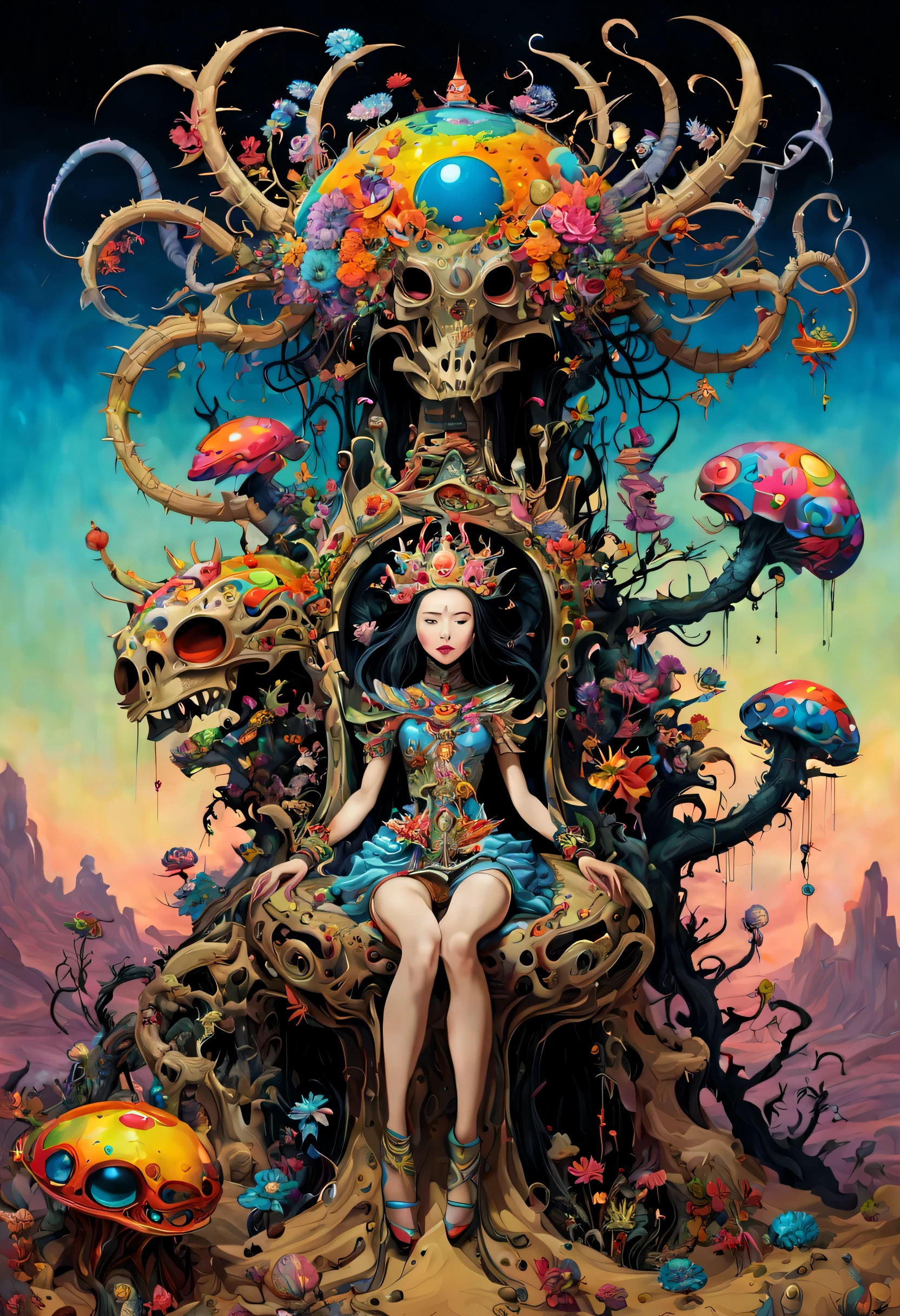 Scorpion princess with hauntingly beautiful exoskeleton, poised regally atop her arid kingdom throne, rendered in the eerie, intricate style of Dan Seagrave, alongside vibrant, smiling flora and fanciful creatures in the whimsical, colorful aesthetic of Takashi Murakami, juxtaposition of dark fantasy and playful optimism, digital painting, dramatic lighting, ultra-detailed.