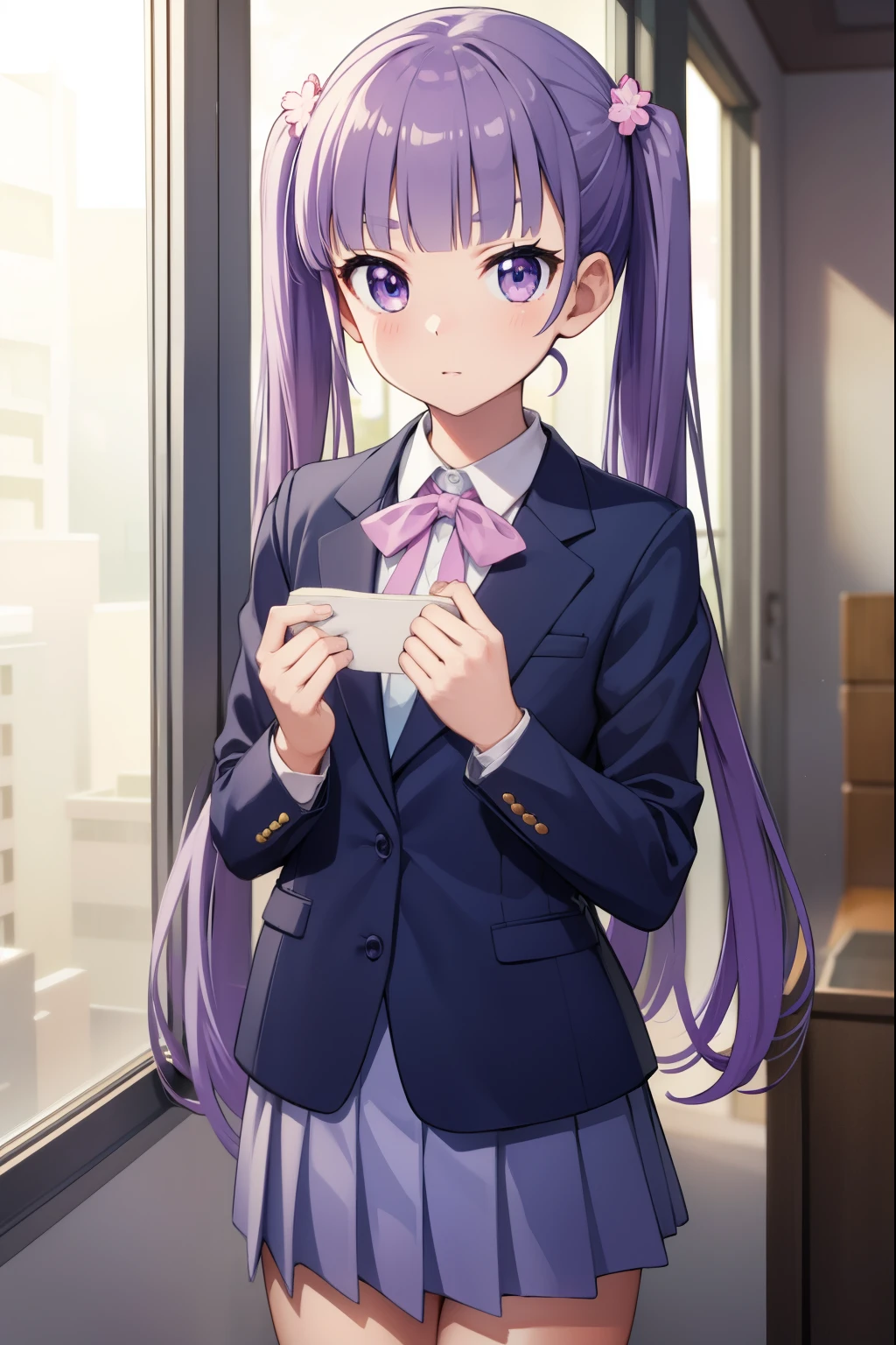 aobasuzukaze, aoba suzukaze, eyebrows, hair ornament, long hair, (purple eyes:1.1), purple hair, twintails,
BREAK blue skirt, bow, bowtie, business suit, dress shirt, formal, neck ribbon, pink bow, pink bowtie, pink ribbon, ribbon, shirt, skirt, skirt suit, suit, white shirt,
BREAK looking at viewer,
BREAK indoors, office,
BREAK (masterpiece:1.2), best quality, high resolution, unity 8k wallpaper, (illustration:0.8), (beautiful detailed eyes:1.6), extremely detailed face, perfect lighting, extremely detailed CG, (perfect hands, perfect anatomy),