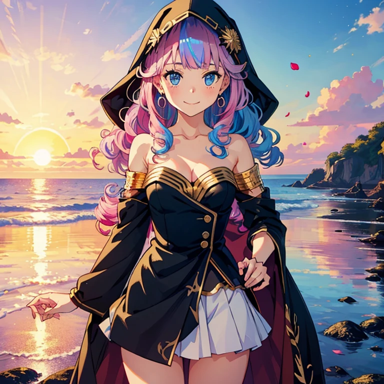 1 girl, (iridescent hair, colorful hair, half blue and half pink hair: 1.2), 17 years old, blue_sky, holding a magic wand, summer (season), petals_on_liquid, black cloak with hood, red and black torn dress, skirt: 1.2, (gold long curly hair: 1.5), sky, outdoor, clouds, bangs, smile, sky blue eyes, bare shoulders, perfect hands, Hand details, repaired fingers. Earrings, sea + background, looking_at_viewer, cowboy shot, top quality, rich detail, perfect image quality, sunrise